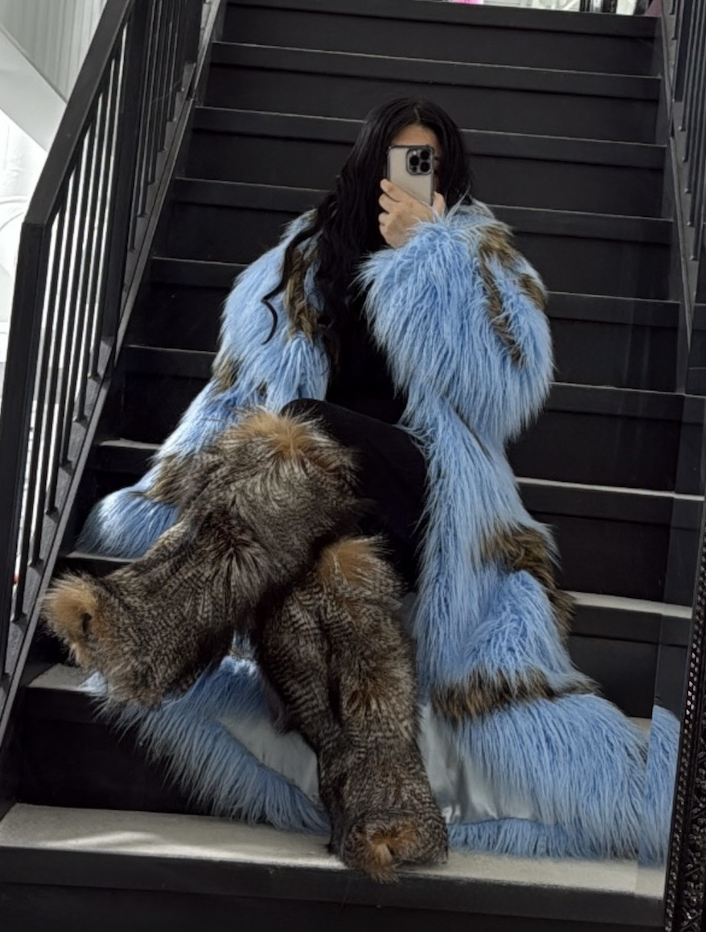 BABY BLUE SHEARLING X BROWN RACOON FUR COAT (FLOOR LENGTH) - SIZE M/L