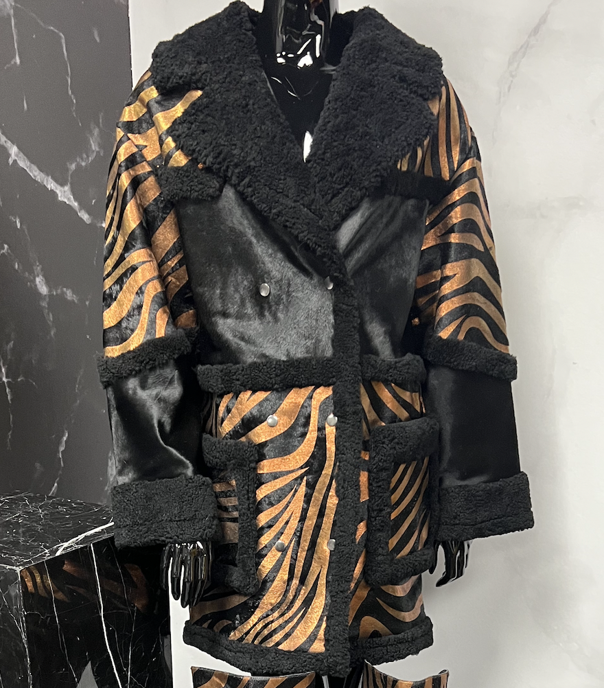 BRONZED ZEBRA STRIPE CALF HAIR X SHEARLING JACKET (M/L)