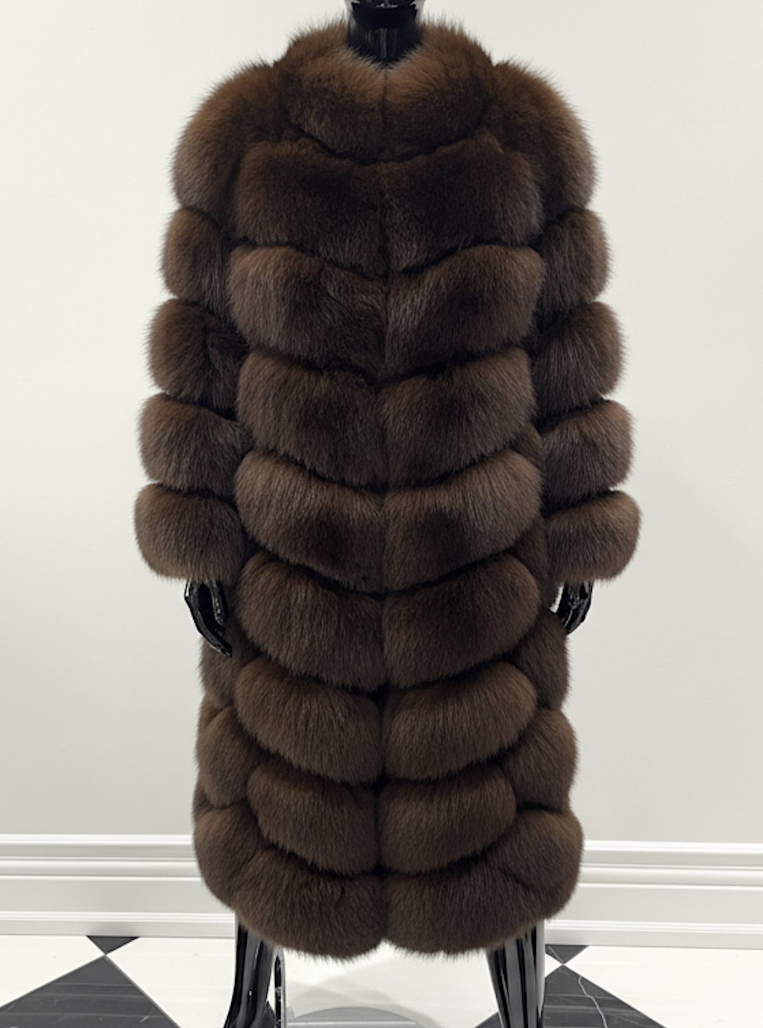 BROWN CHEVRON FOX FUR COAT (LONG LENGTH) - SIZE S/M