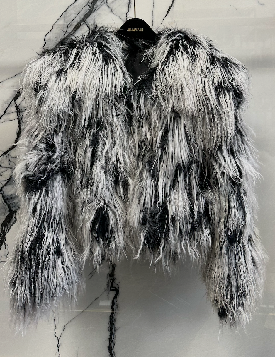 BLACK X WHITE MONGOLIAN CROPPED FUR COAT (SIZE M/L)