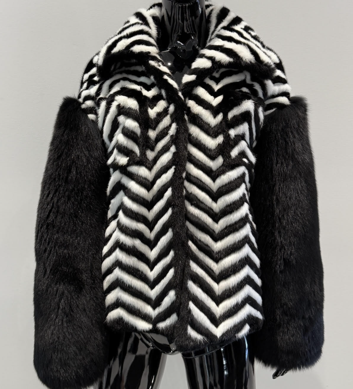 BLACK/WHITE MINK CHEVRON X FOX SLEEVE BOMBER (SIZE L)