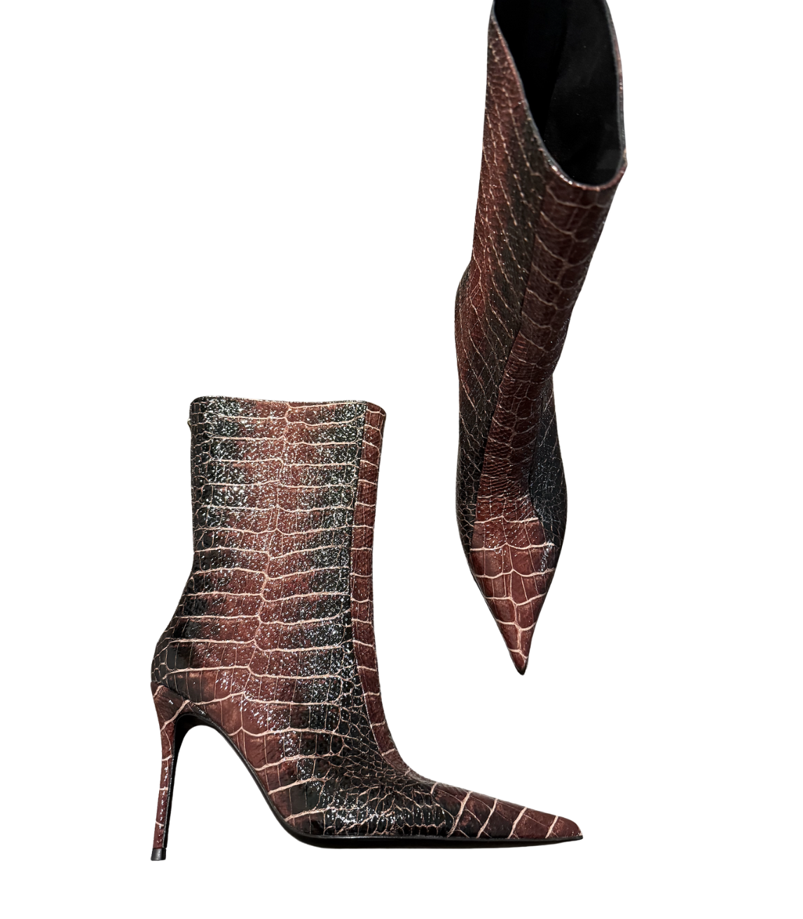 BROWN X BLACK PATENT TEXTURED SNAKESKIN BOOT - SIZE 39