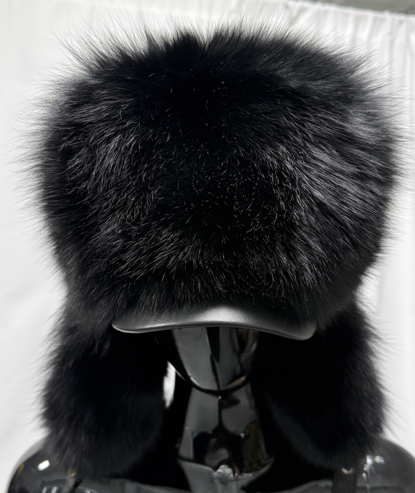 FOX FUR TRAPPER HAT  W/ CAP (BLACK) - SIZE M