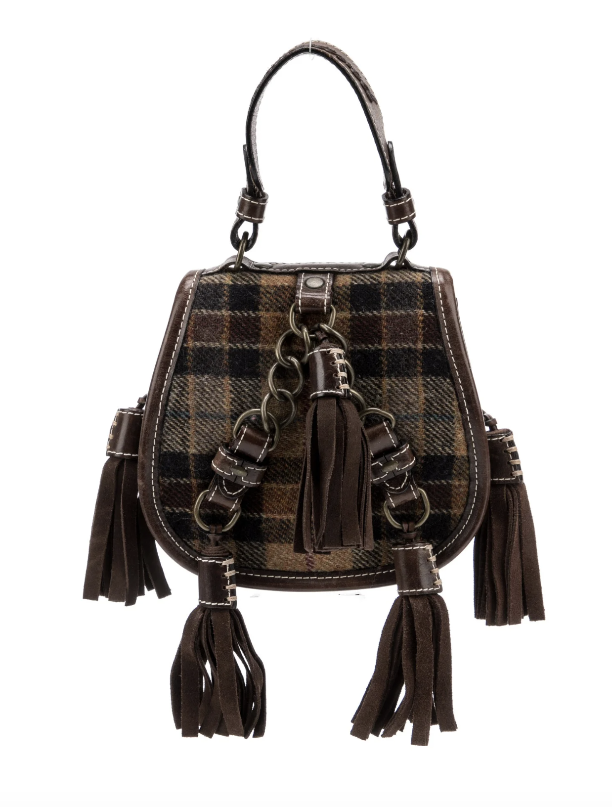 DSQUARED TARTAN PRINT X TASSEL BROWN BAG
