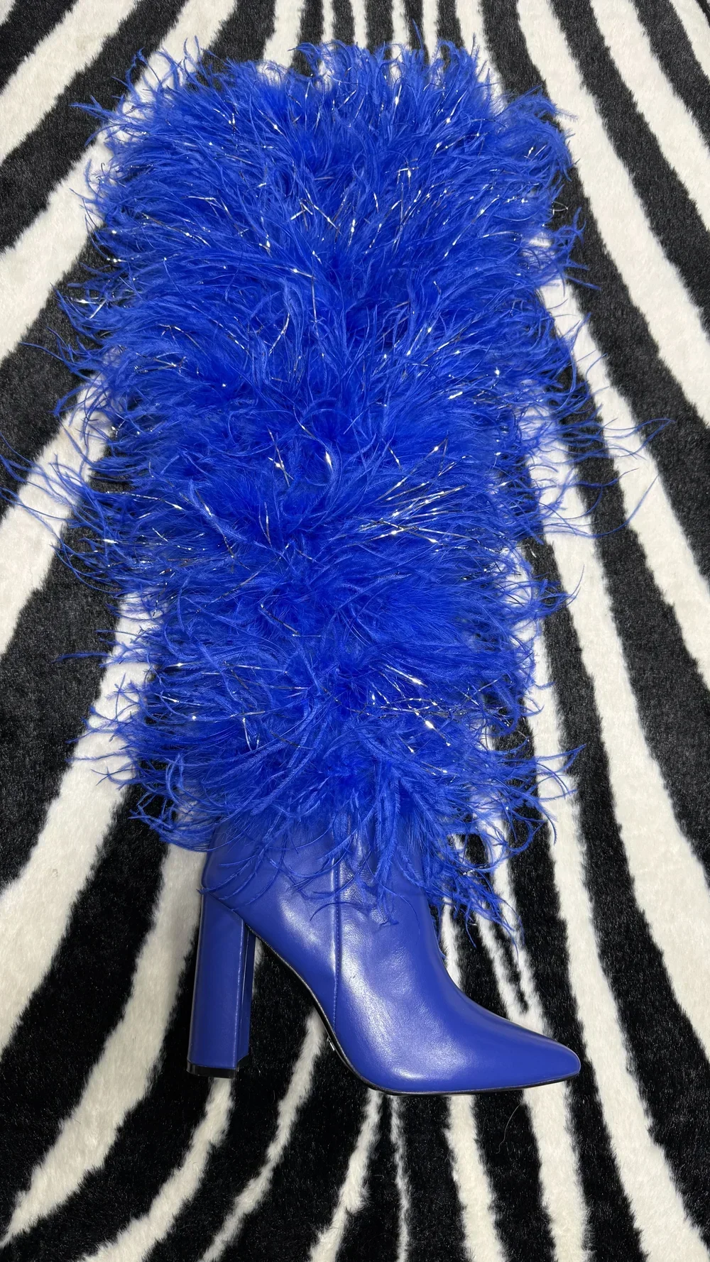 COBALT BLUE OSTRICH FUR BOOT WITH SILVER TINSEL - 40 R
