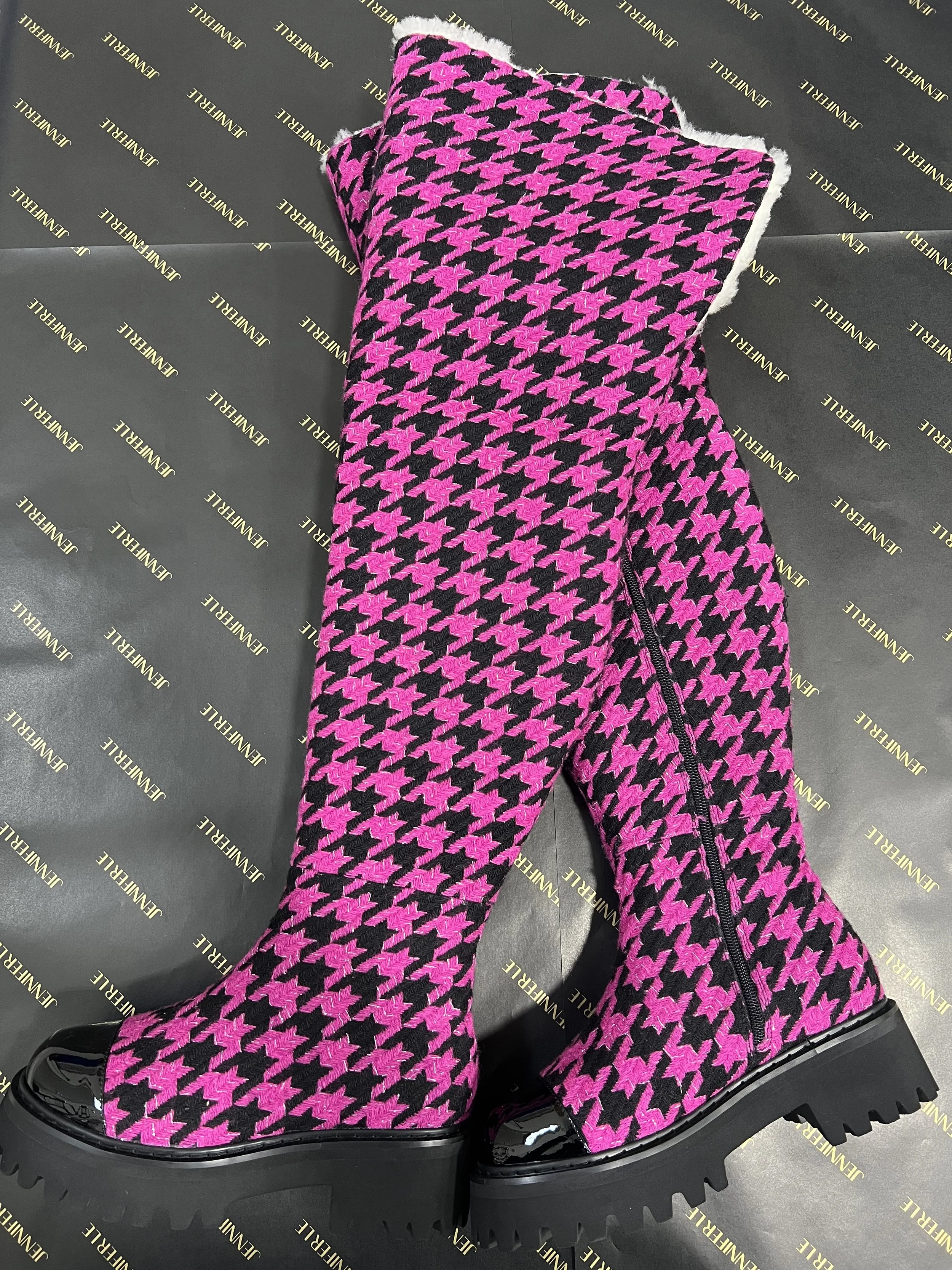 PINK HOUNDSTOOTH THIGH HIGH FLAT BOOT (SIZE 37 R)