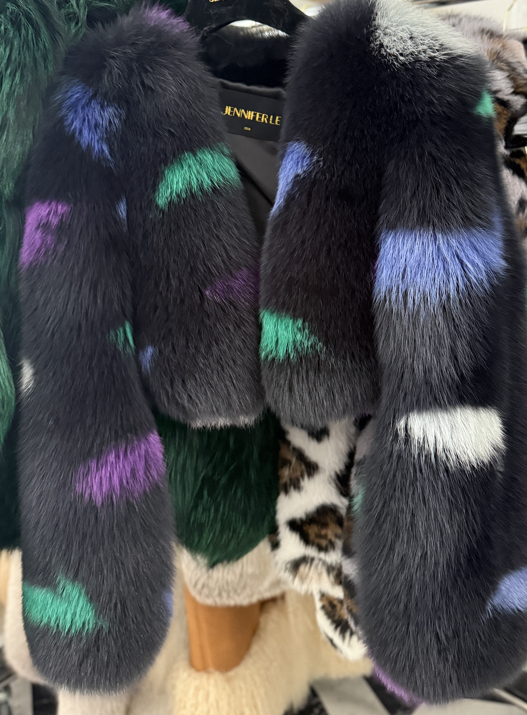 MULTI-COLORED SPOTTED BLACK FOX BOMBER (XS/S)