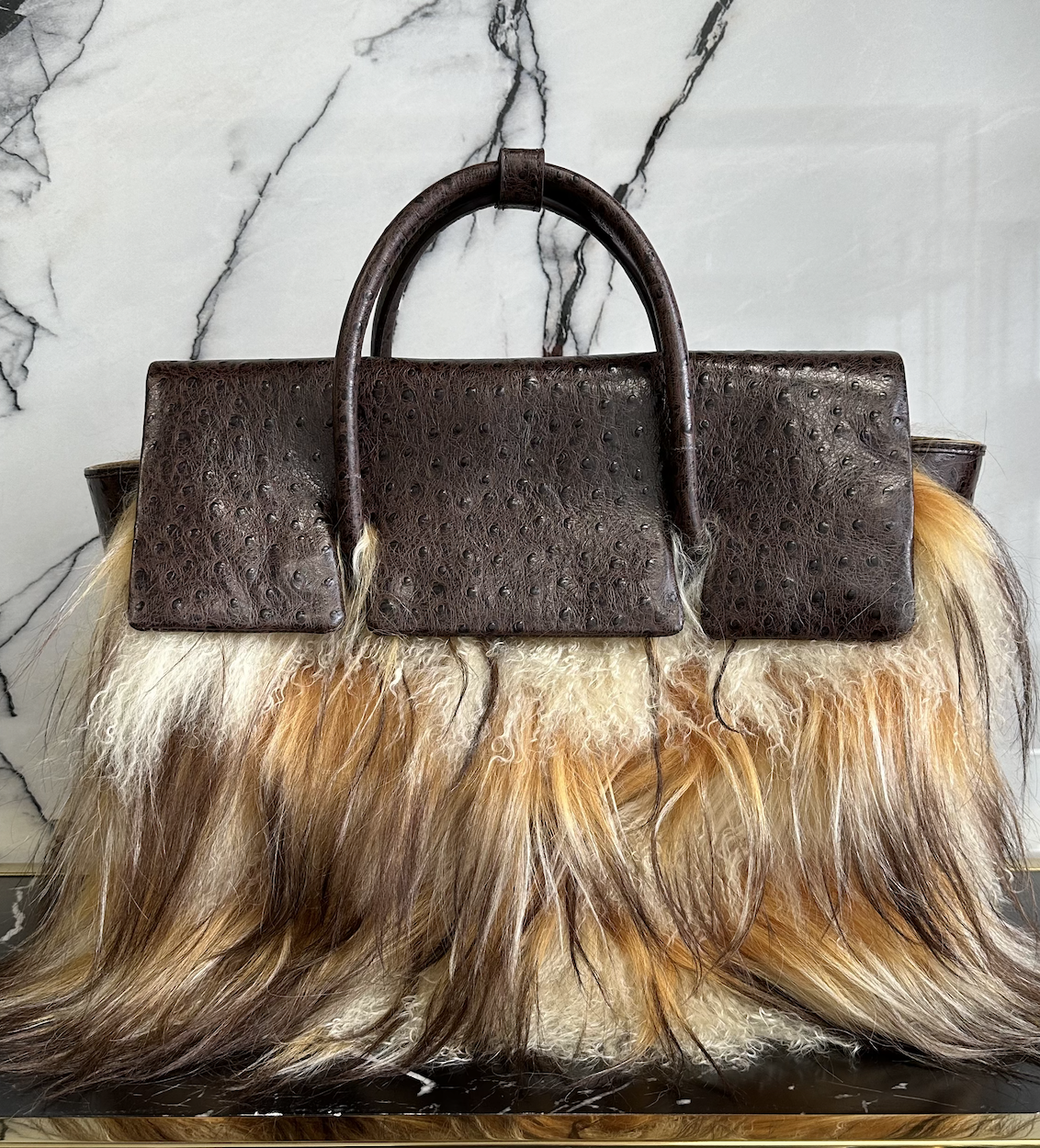OSTRICH LEATHER X MONGOLIAN LAMBS WOOL BAG