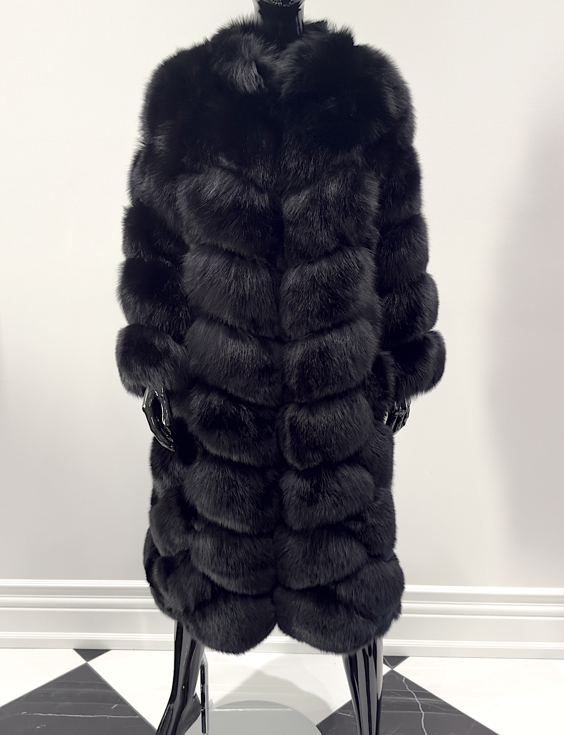 BLACK CHEVRON FOX FUR COAT (LONG LENGTH) - SIZE S/M