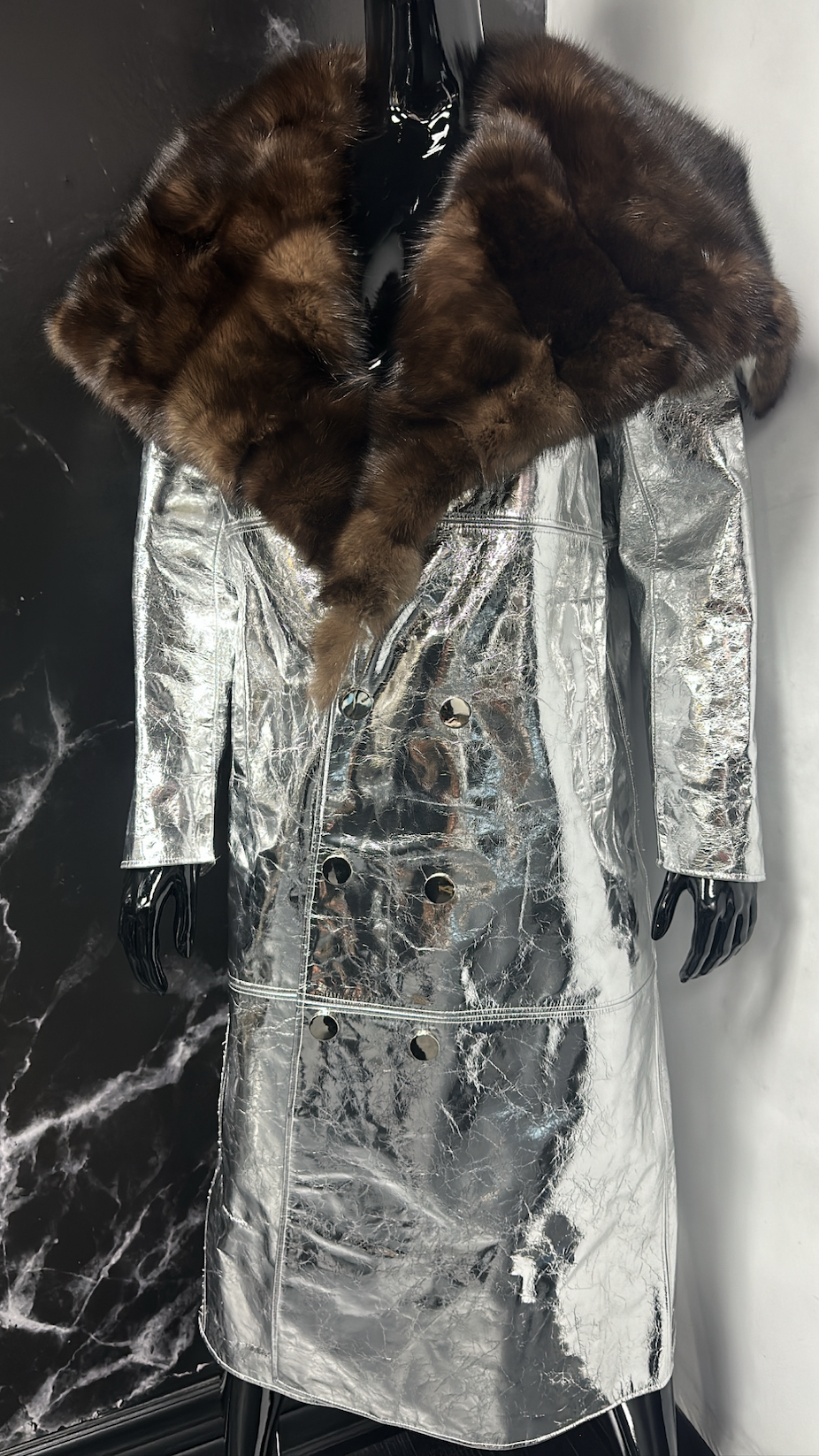 SILVER COATED LEATHER JACKET WITH CHINCHILLA FUR SHAWL COLLAR (10 US)