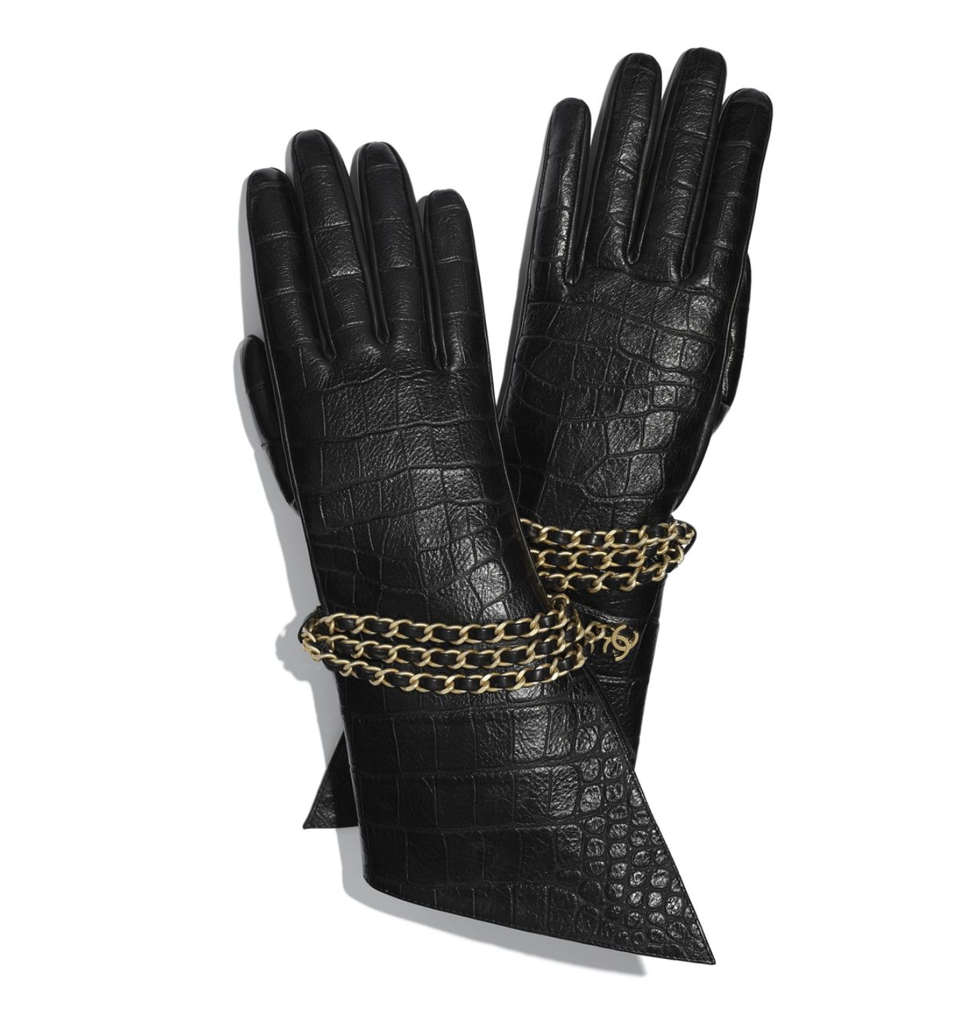 CHANEL 19B NEW LAMBSKIN BLACK CROCODILE EMBOSSED GLOVES GOLD CC CHAINS SIZE 7