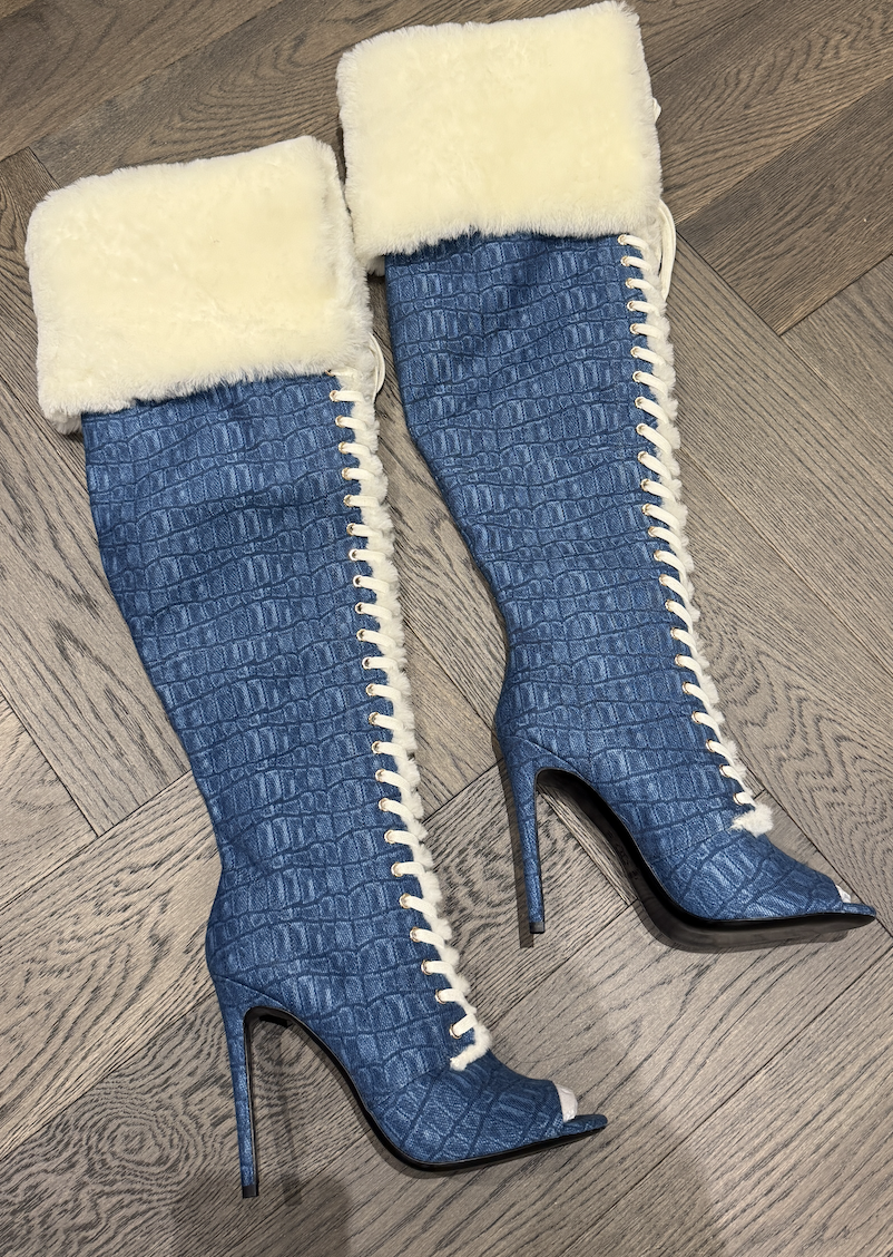 DENIM CROC LACE UP SHEARLING CUFF THIGH HIGH - SIZE 41