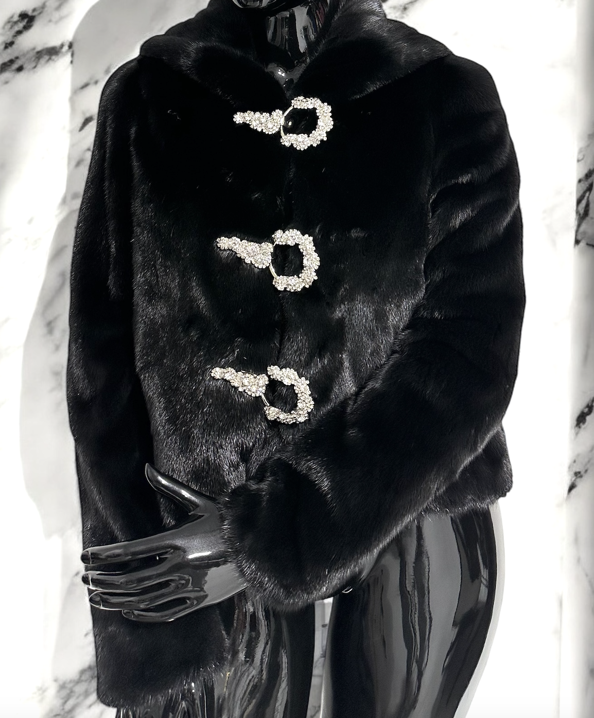 BLACK HOODED MINK JACKET WITH CRYSTAL BUCKLES (M/L)