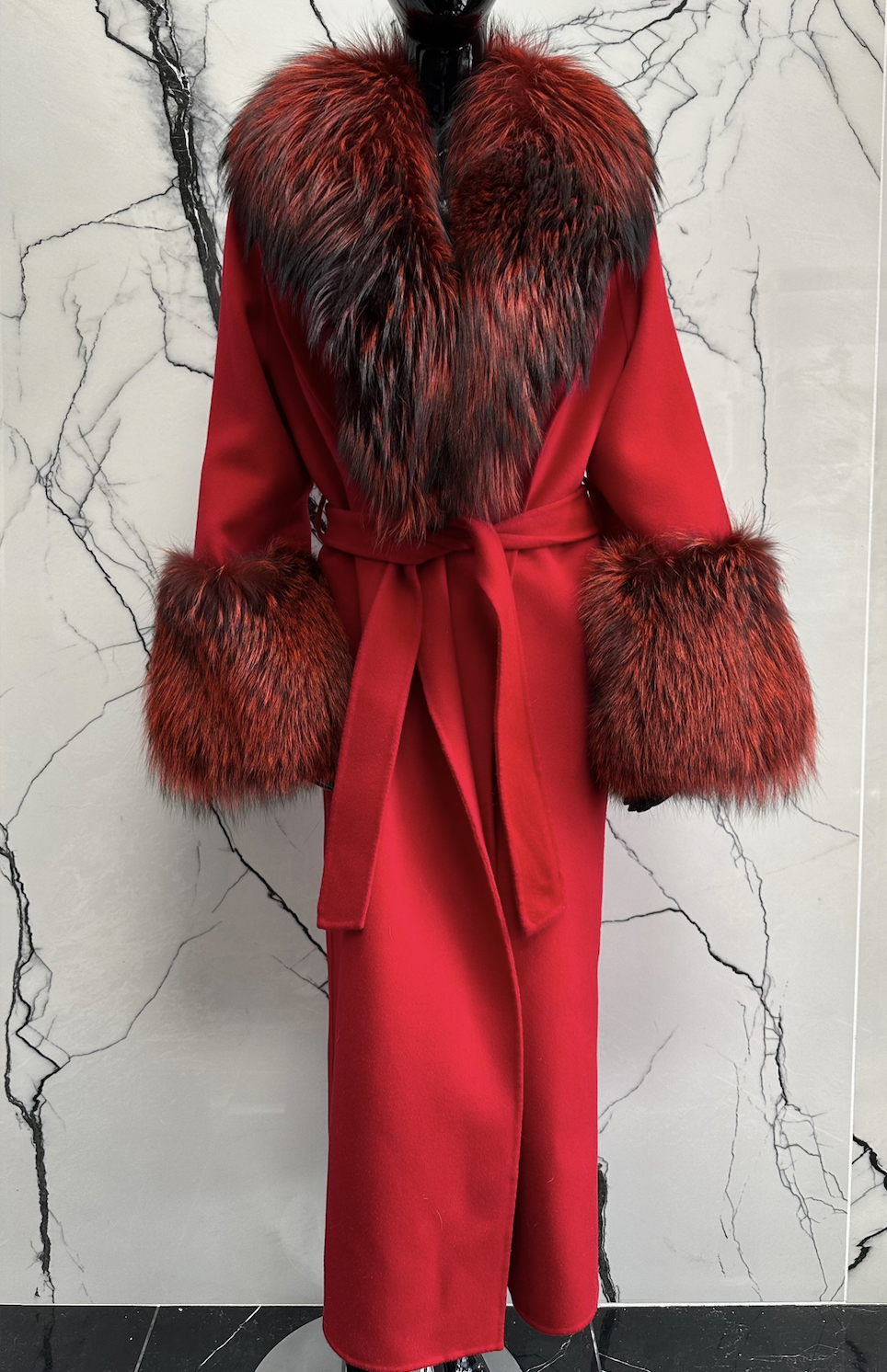 FIRE RED CASHMERE WOOL X FOX FUR SHAWL AND CUFF COAT