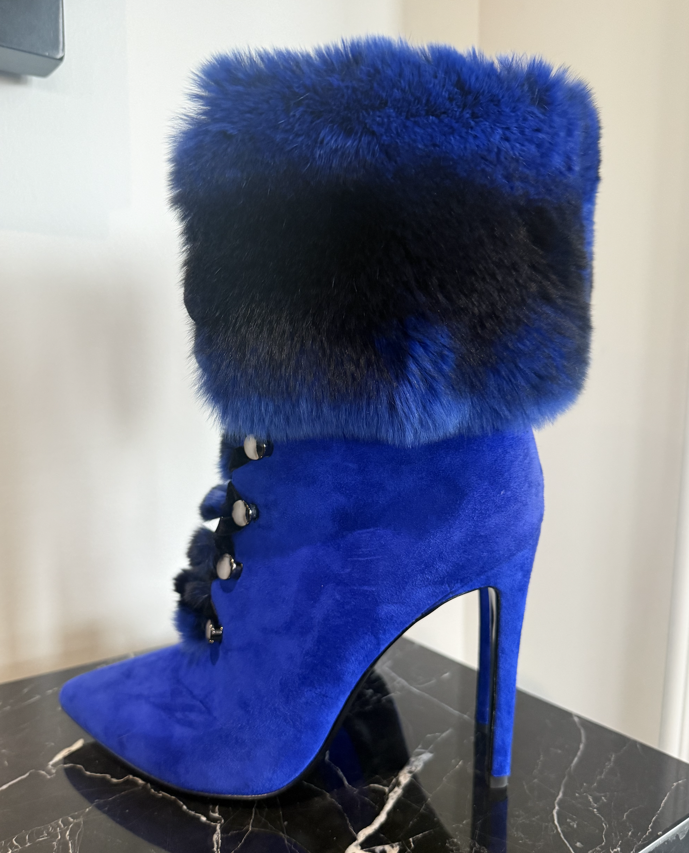 COBALT CHINCHILLA X SUEDE FINCH HEEL - SIZE 39