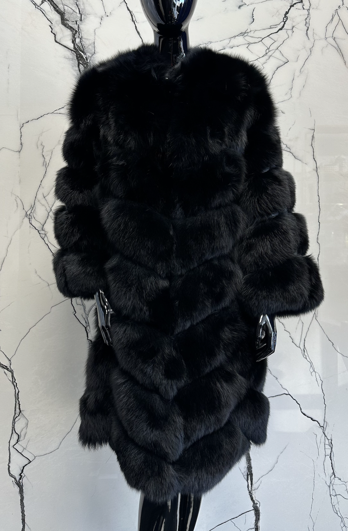 BLACK CHEVRON FOX FUR COAT (LONG LENGTH) - SIZE M/L