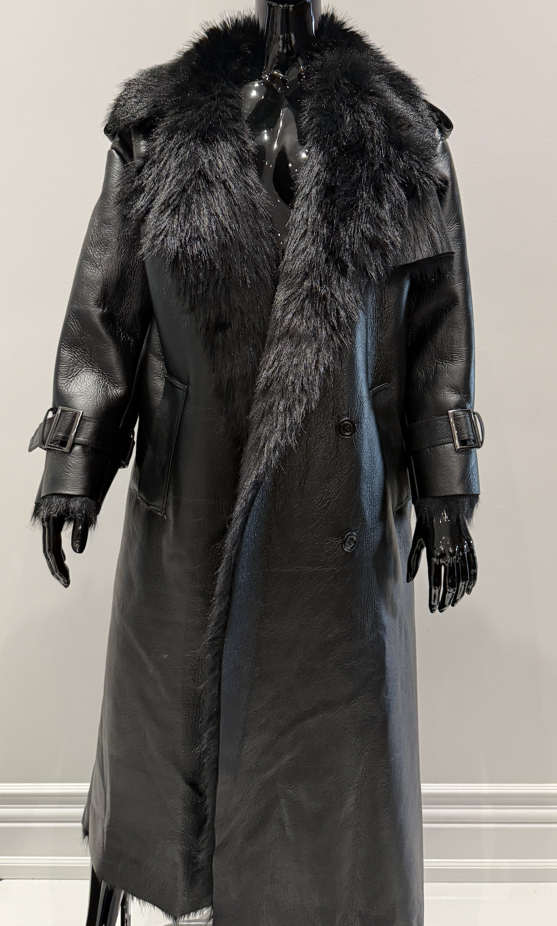 FAUX FUR X FAUX LEATHER LONG JACKET (L/XL)