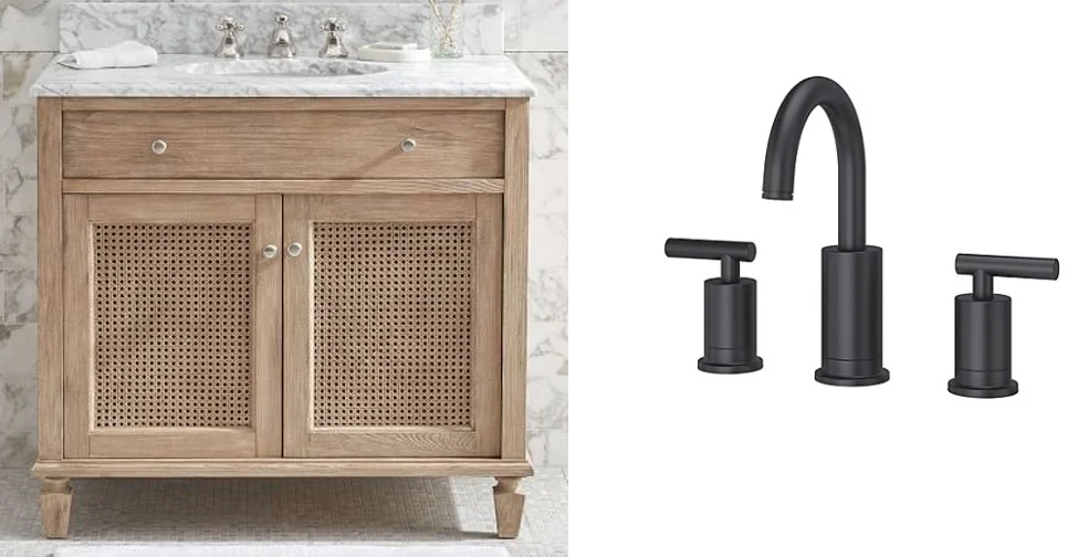 Pottery Barn Sausalito Vanity and Pfister Contempra Faucet in Matte Black.