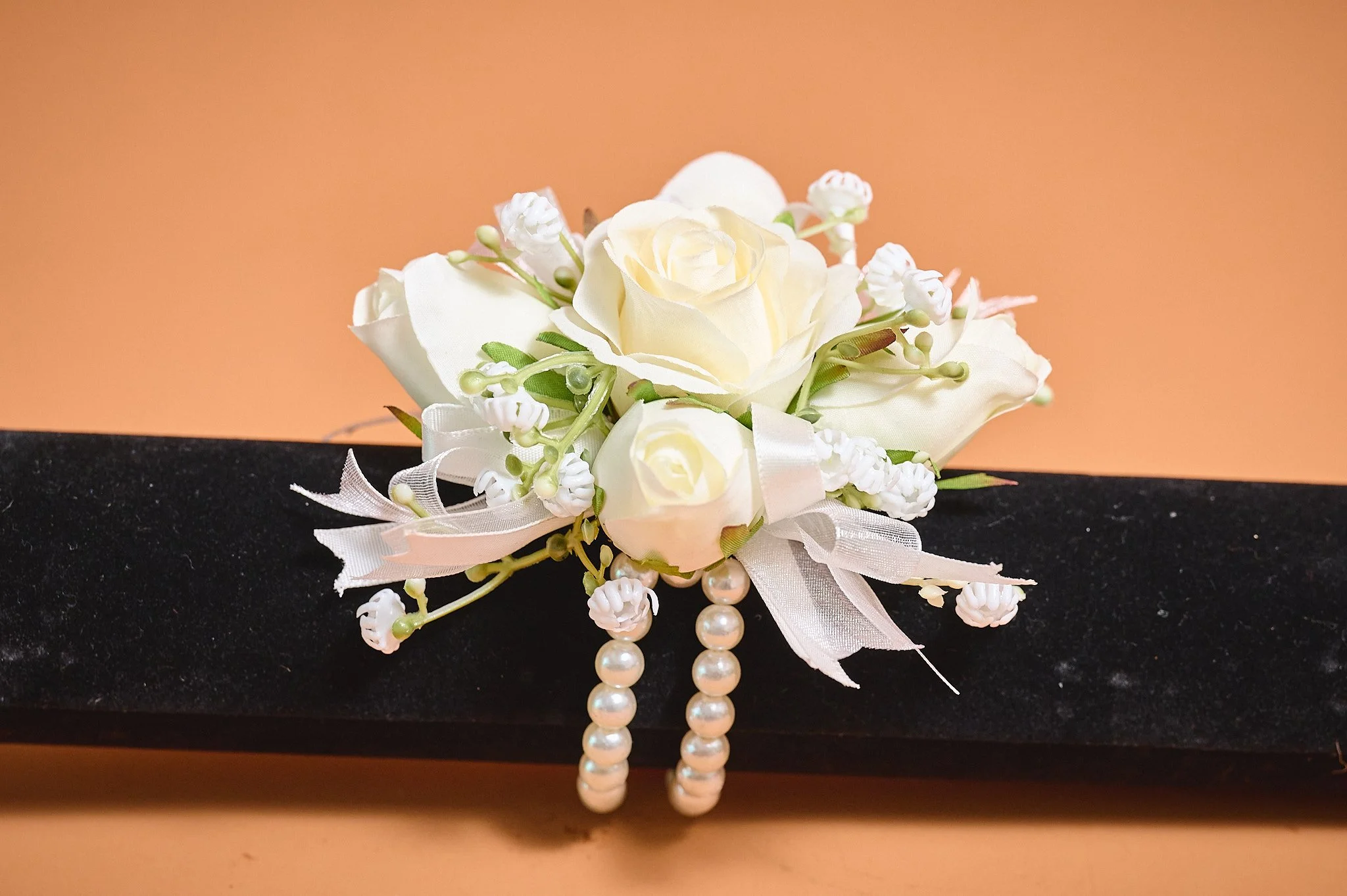 Pearl silk rose wrist corsage