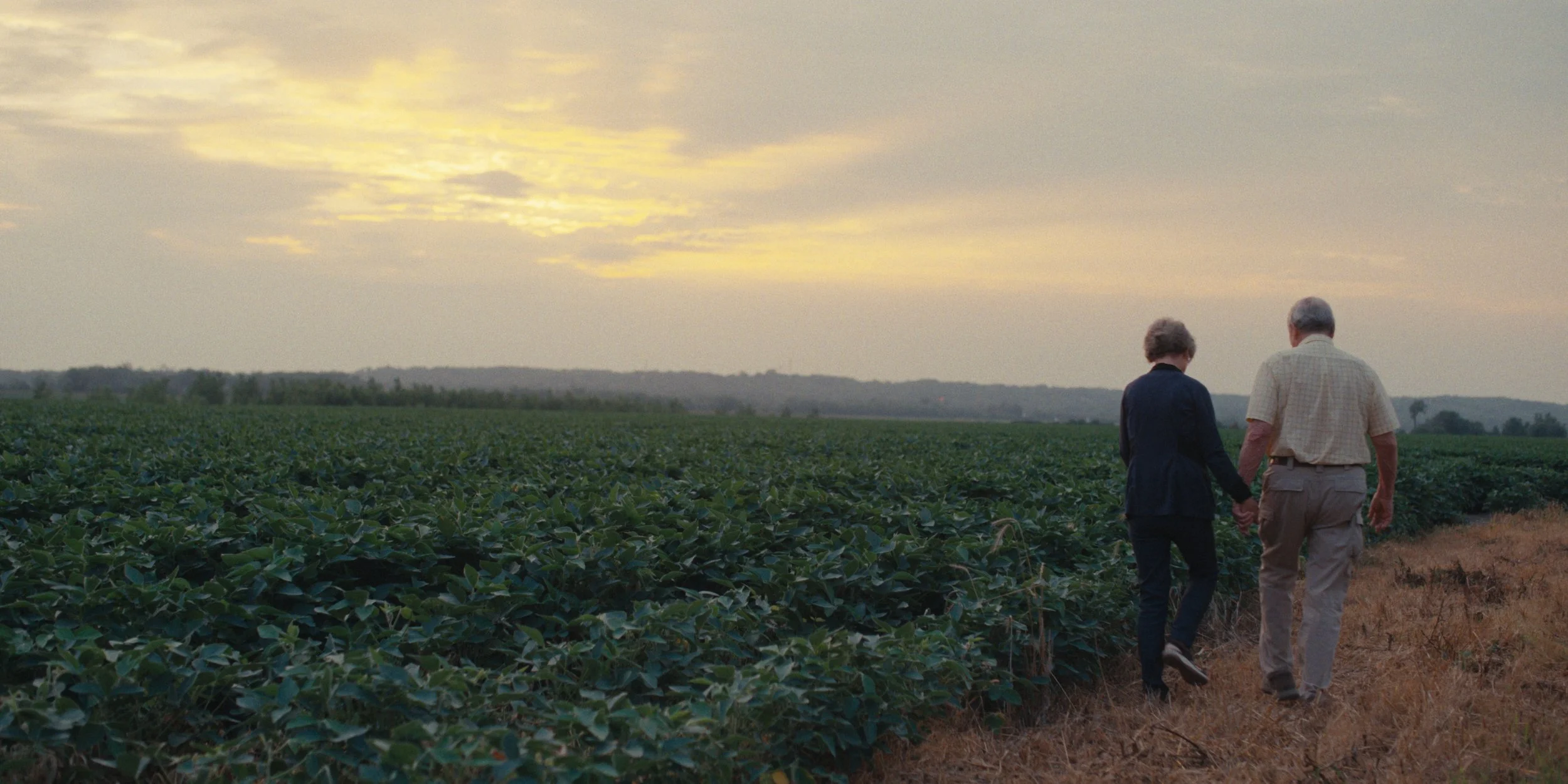 Couple walking a dirt path between soybean fields under a glowing evening sky, still from a Folsom Lake Solar commercial shot in Mills County, Iowa by director of photography Cole Mowery
