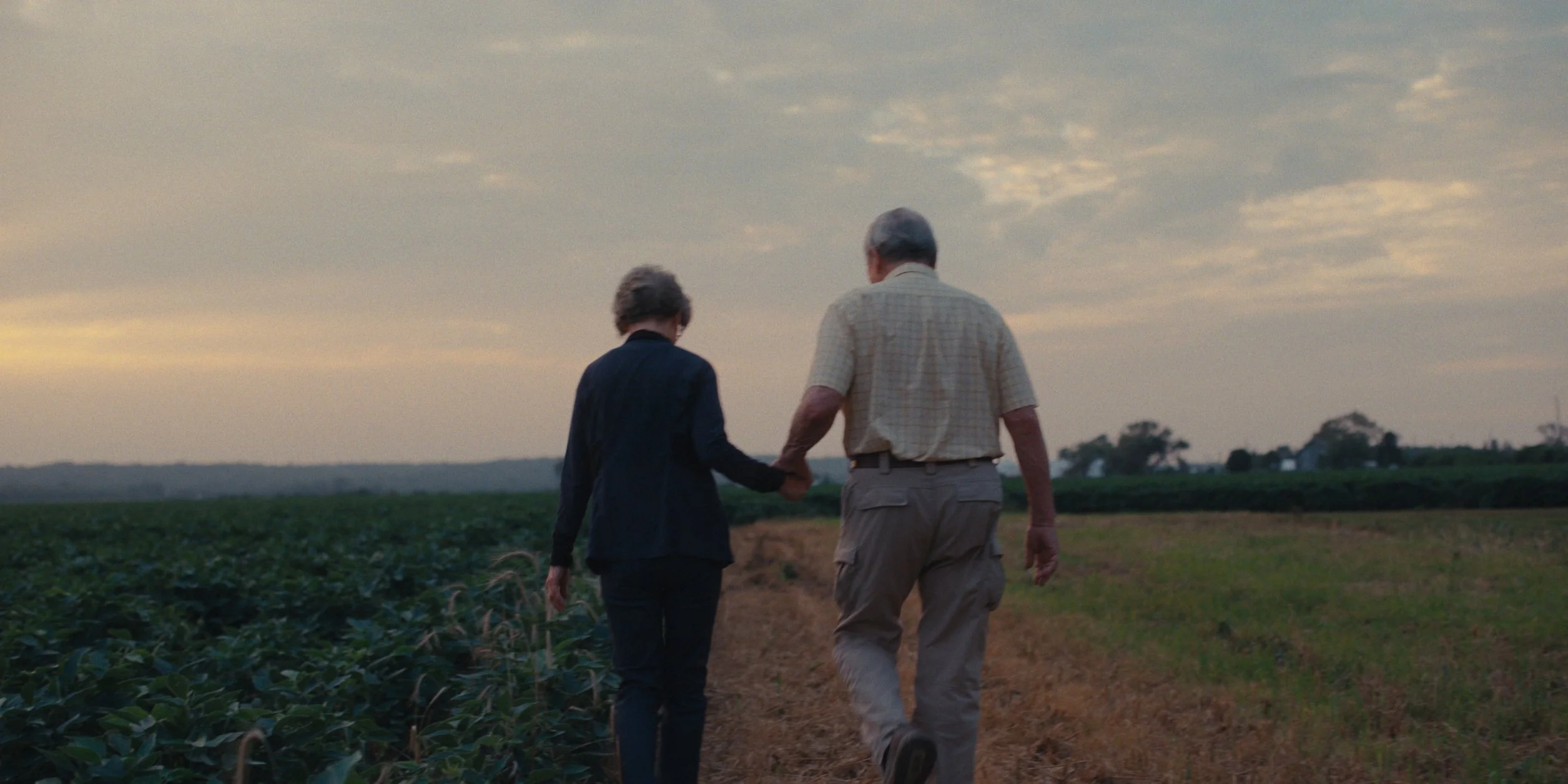 Farming couple walking hand in hand along a soybean field at sunset, still from a Folsom Lake Solar commercial shot in Mills County, Iowa by director of photography Cole Mowery