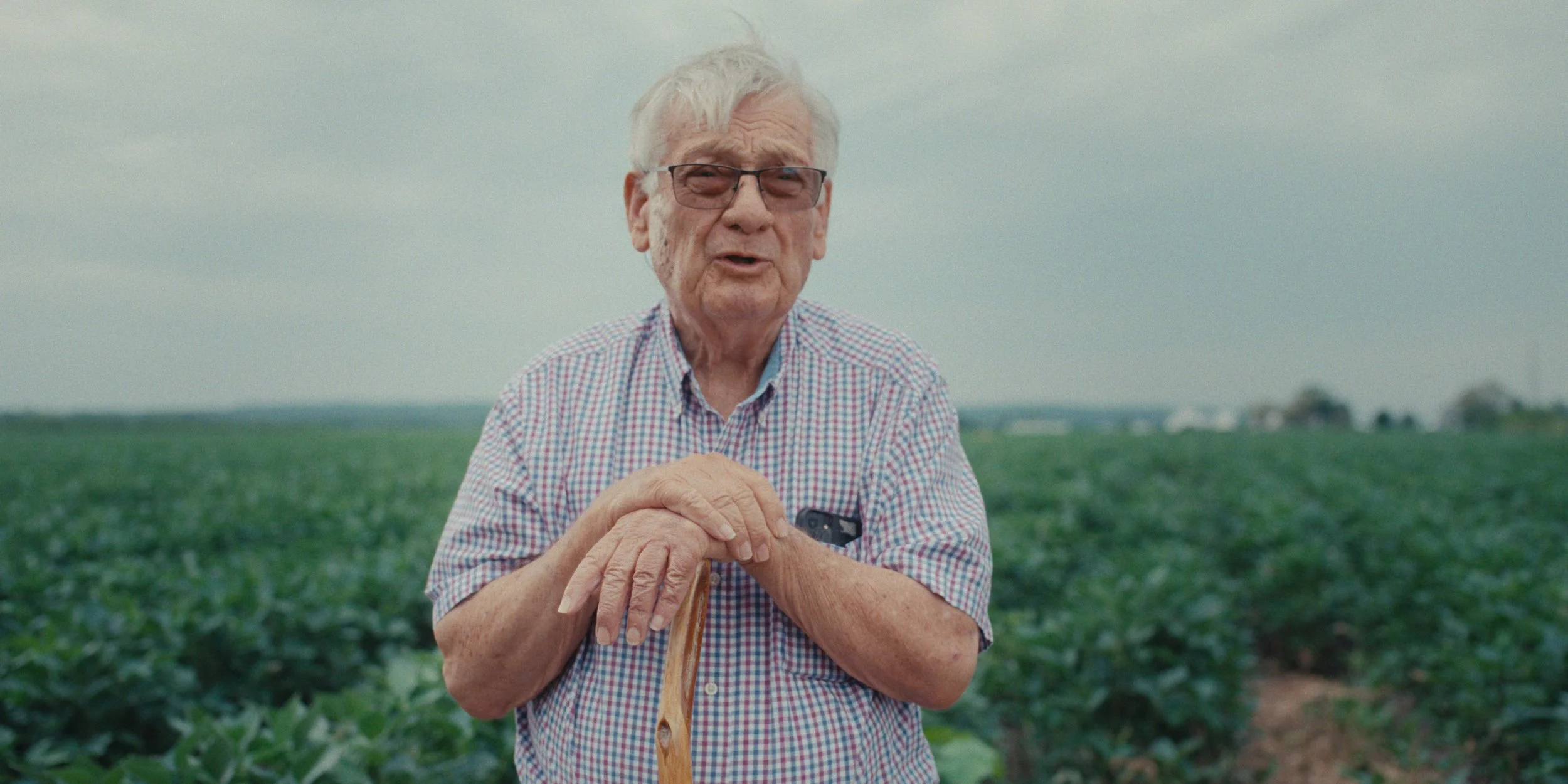 Older farmer leaning on a cane in front of a soybean field, still from a Folsom Lake Solar commercial shot in Mills County, Iowa by director of photography Cole Mowery