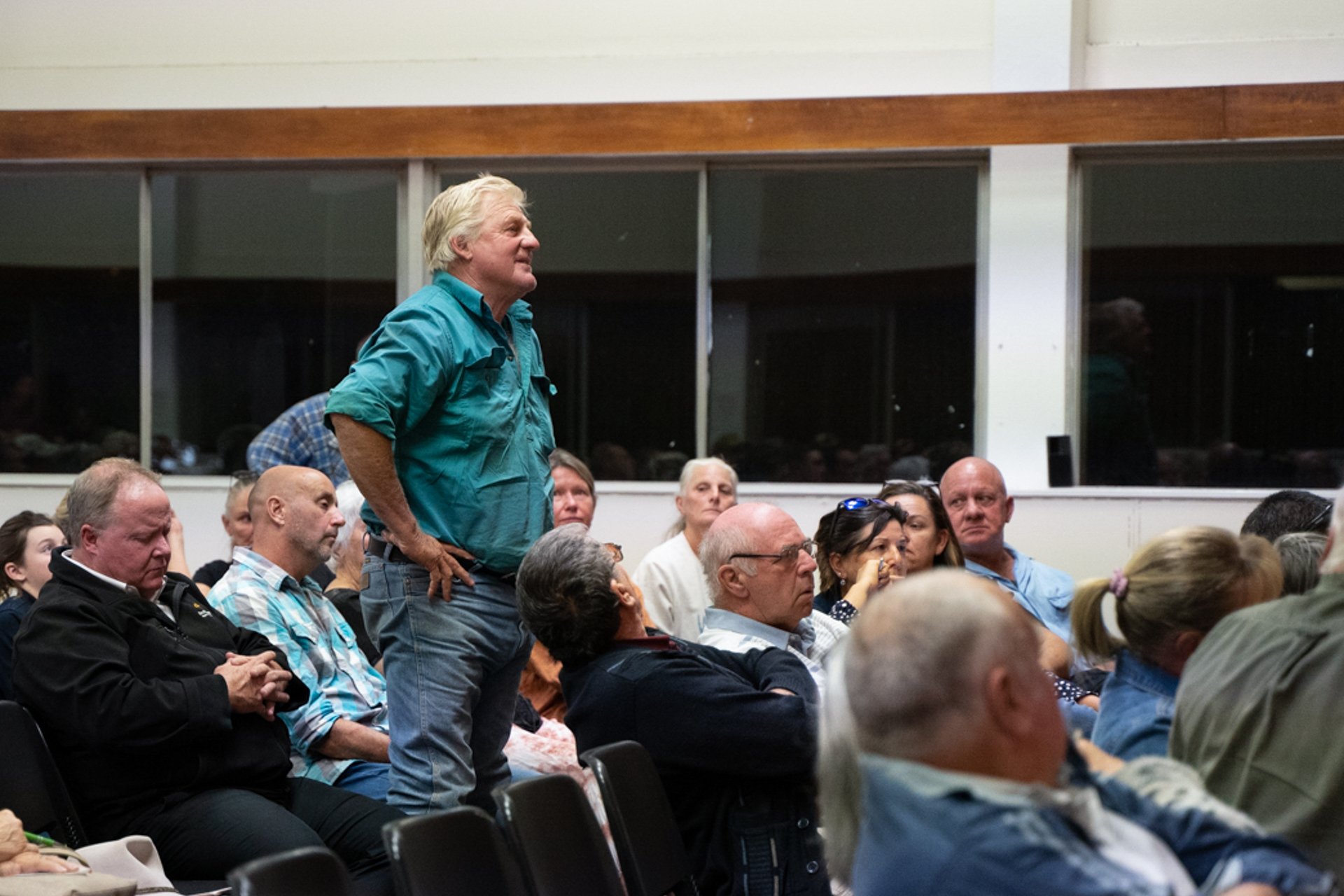  Property owner Ian Davies asks a question of Powerlink representatives during a Kilkivan town meeting over high voltage transmission lines planned to run through properties in the region. May 5, 2023 // The Gympie Times 