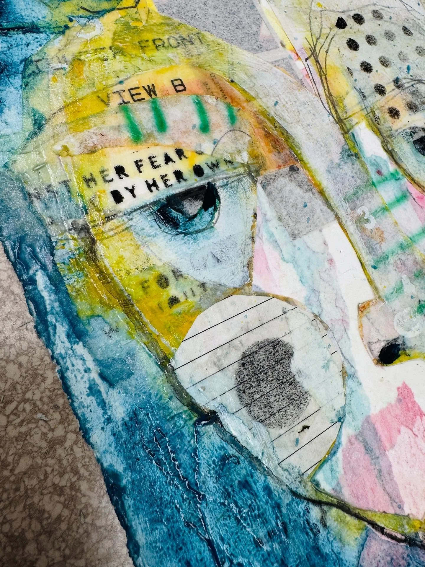 Two steps forward. One step back today. Put on. Take some off. Take more off. lol. And yet- fell into flow state with my lady today. 
I knew I was getting close when I was putting small collage pieces on. Will be anxious to see where she finishes to