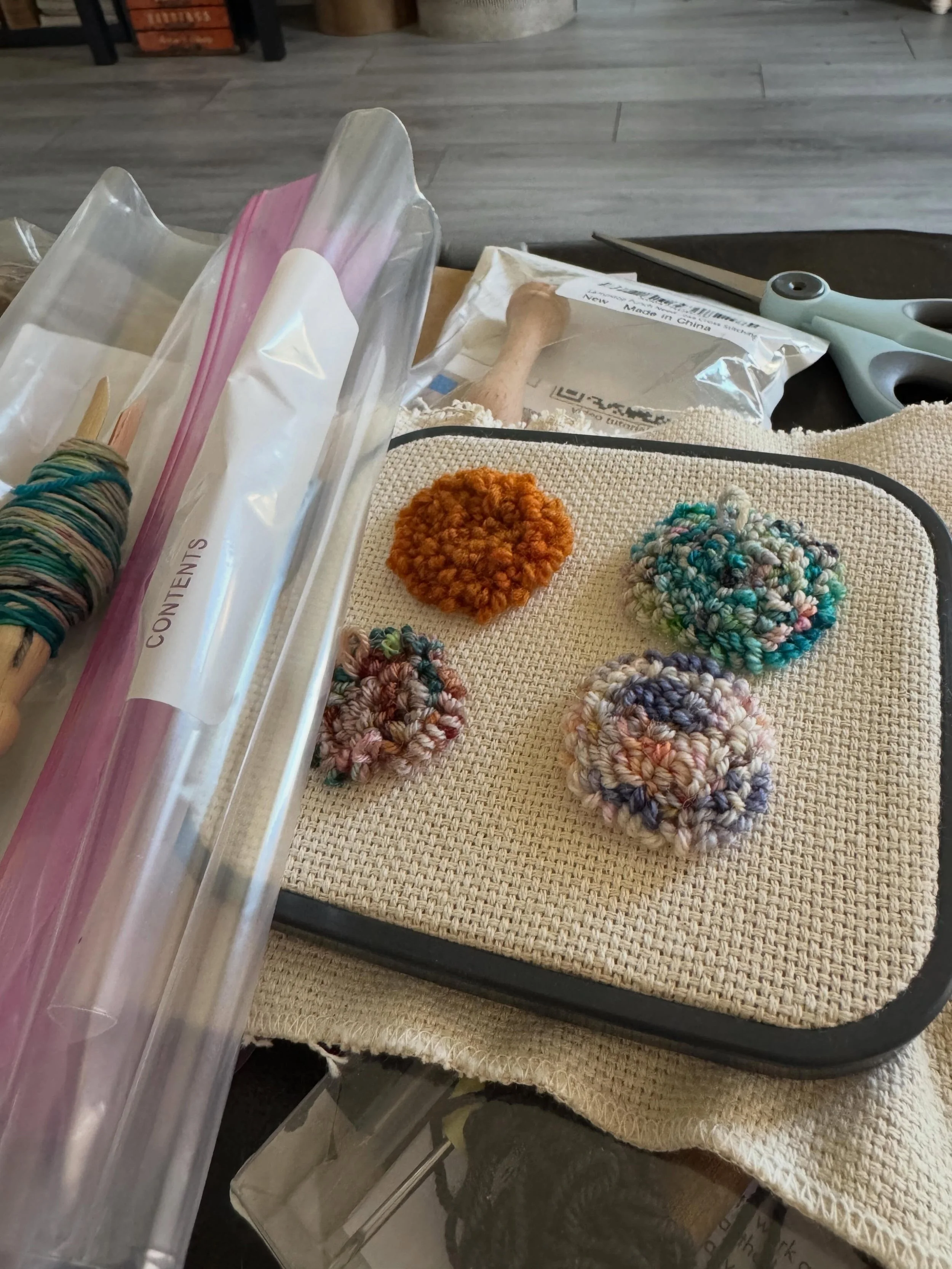 Wrapped yarn and made a few more small samples for my class tomorrow at @textileartsmadison - cannot wait. ✨ 

#punchneedle #textileartscenter #artist
