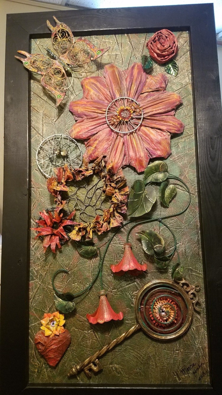 Flowers Sacred Geometry, Key to the Creator’s Heart, Assemblage Art by Marcia Hahn (Festus Main Street Fence Art for Auction in Spring of 2019)