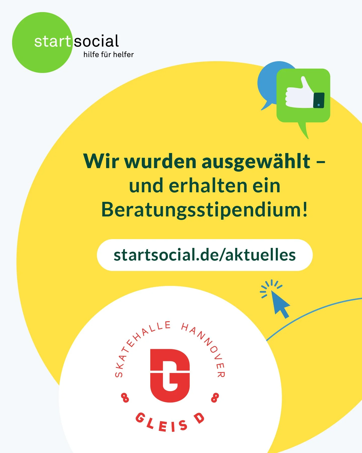 Wir freuen uns riesig, dass Gleis D als eine von 100 Initiativen für ein startsocial-Beratungsstipendium ausgewählt wurde! 🎉
Das bedeutet: Vier Monate lang bekommen wir Unterstützung von Fachleuten, die mit uns gemeinsam hinschauen,