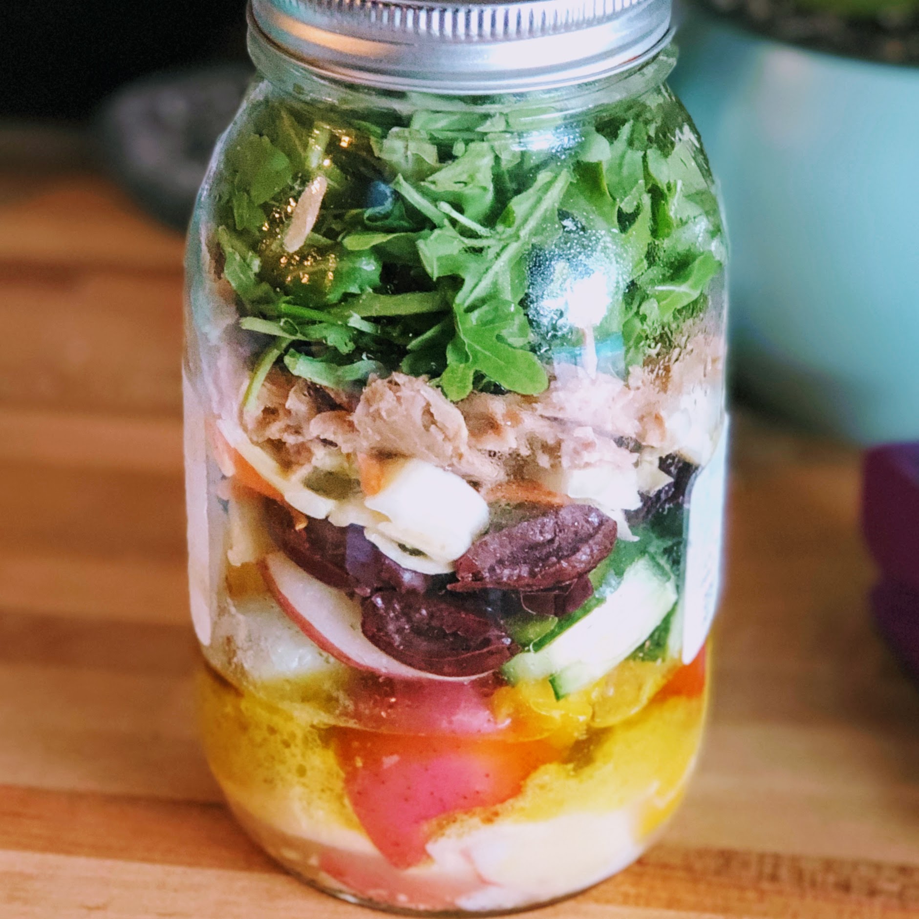  Salade Nicoise in a Jar - Basic Vinaigrette with potatoes, cucumbers, radish, olives, tuna, arugula 