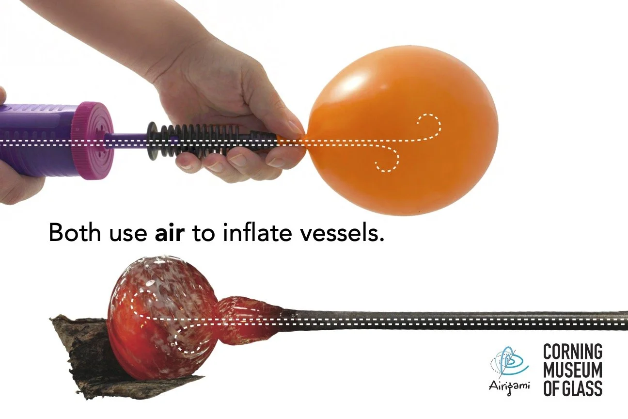 Balloons and glass are both inflated with air to create shapes.