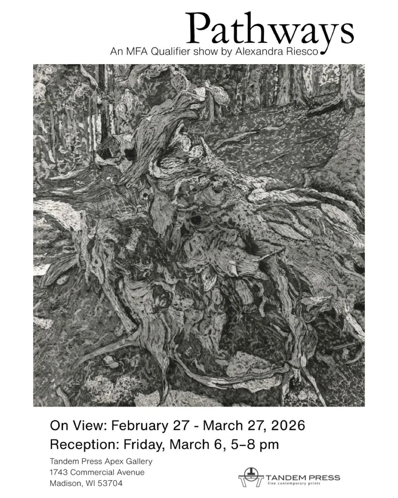 My Master of Fine Arts Qualifier Exhibition, Pathways, is opening this week at the @uwtandempress Apex Gallery. Please join me for the reception on Friday, March 6th from 5-8 pm! 

The show will be on view from February 27-March 27. 

Gallery Hours: 
