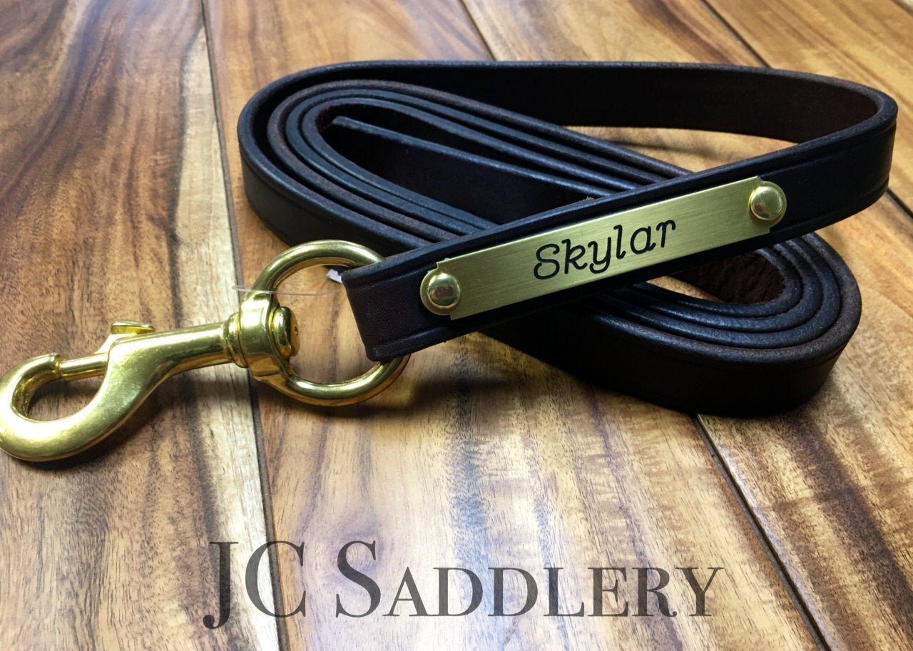 Leather Lead Rope with Custom Engraved Plate - Made in the USA