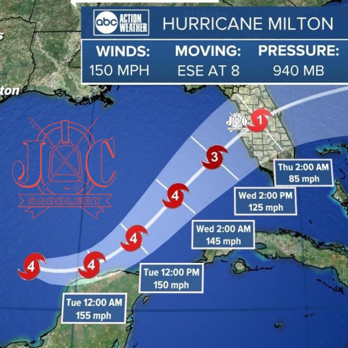 As Hurricane Milton journeys toward us, this is the time to get all provisions and preparations in place. 

⚠️JC Saddlery is well stocked on breakaway and leather halters, fly masks, electrolytes, &amp; other equine storm necessities.⚠️

We will be h