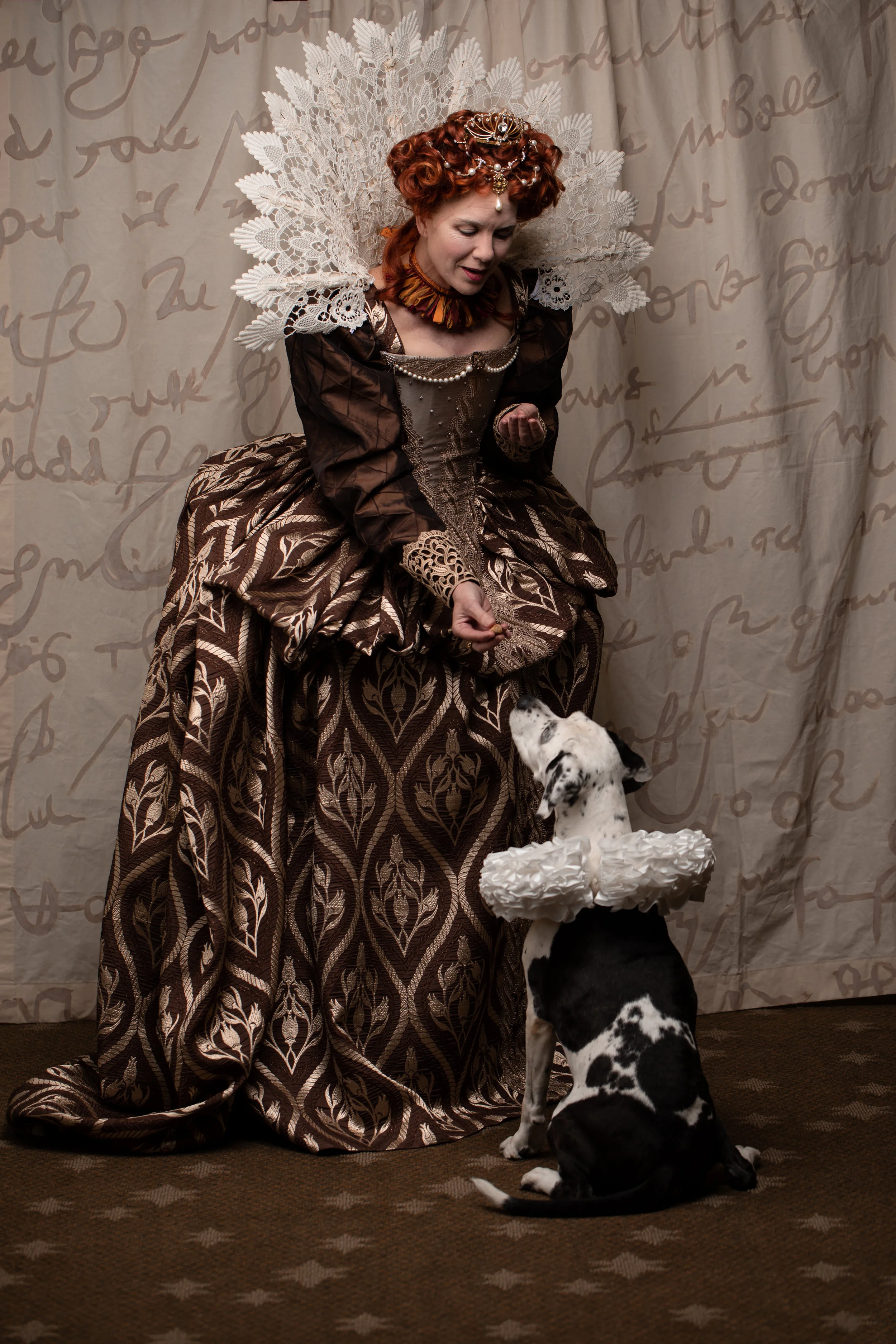 Queen Elizabeth I- full bespoke ensemble photo courtesy of Seattle Shakespeare Co.