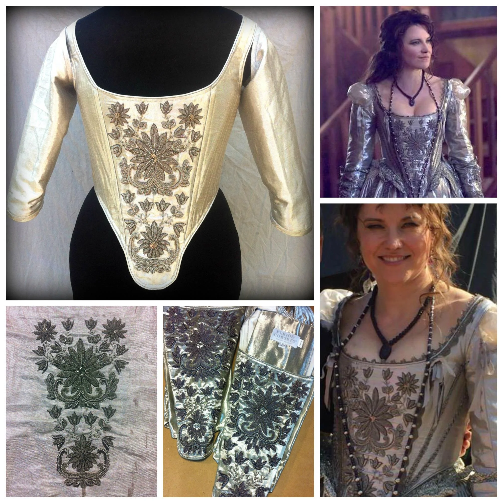 Working with client’s fabrics - boned bodice patterned and cut around embellished design, for T.V.’s Salem