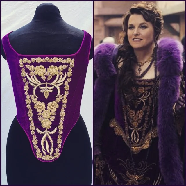 Lucy Lawless in our boned bodice for Salem