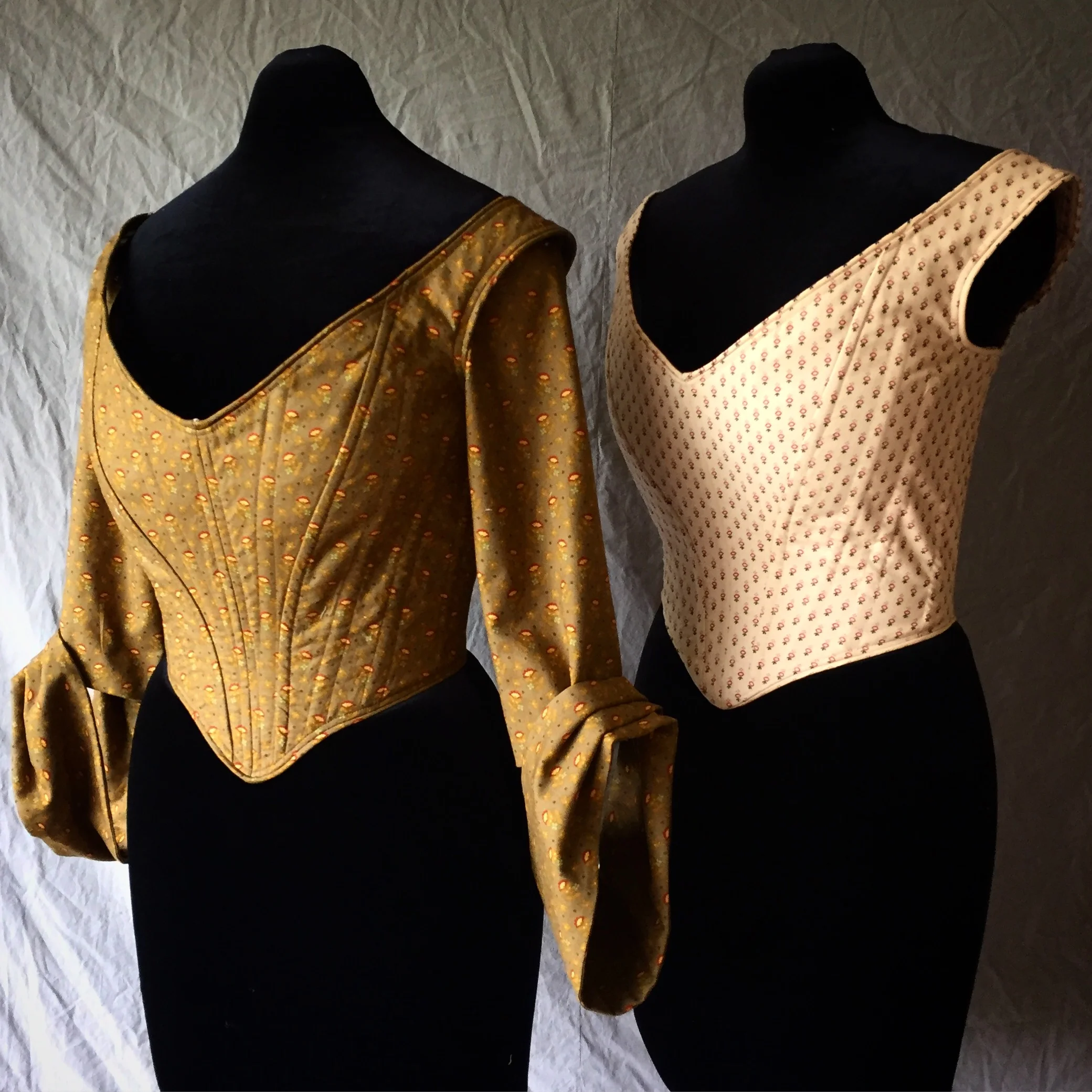  Bespoke shaped corset with add-on sleeves in client’s fabrics, for  American Gods  