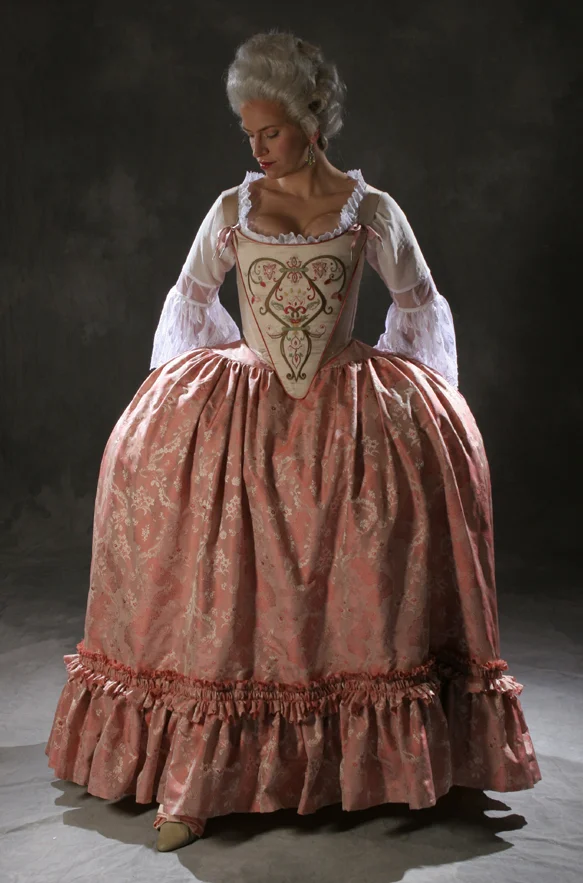 18th c. ensemble in custom fabrics and trims- c. 1770 Judith stays flatlined with custom embroidery, 3/4 sleeve chemise with lace cuffs, full pannier, and 18th c. petticoat in custom material
