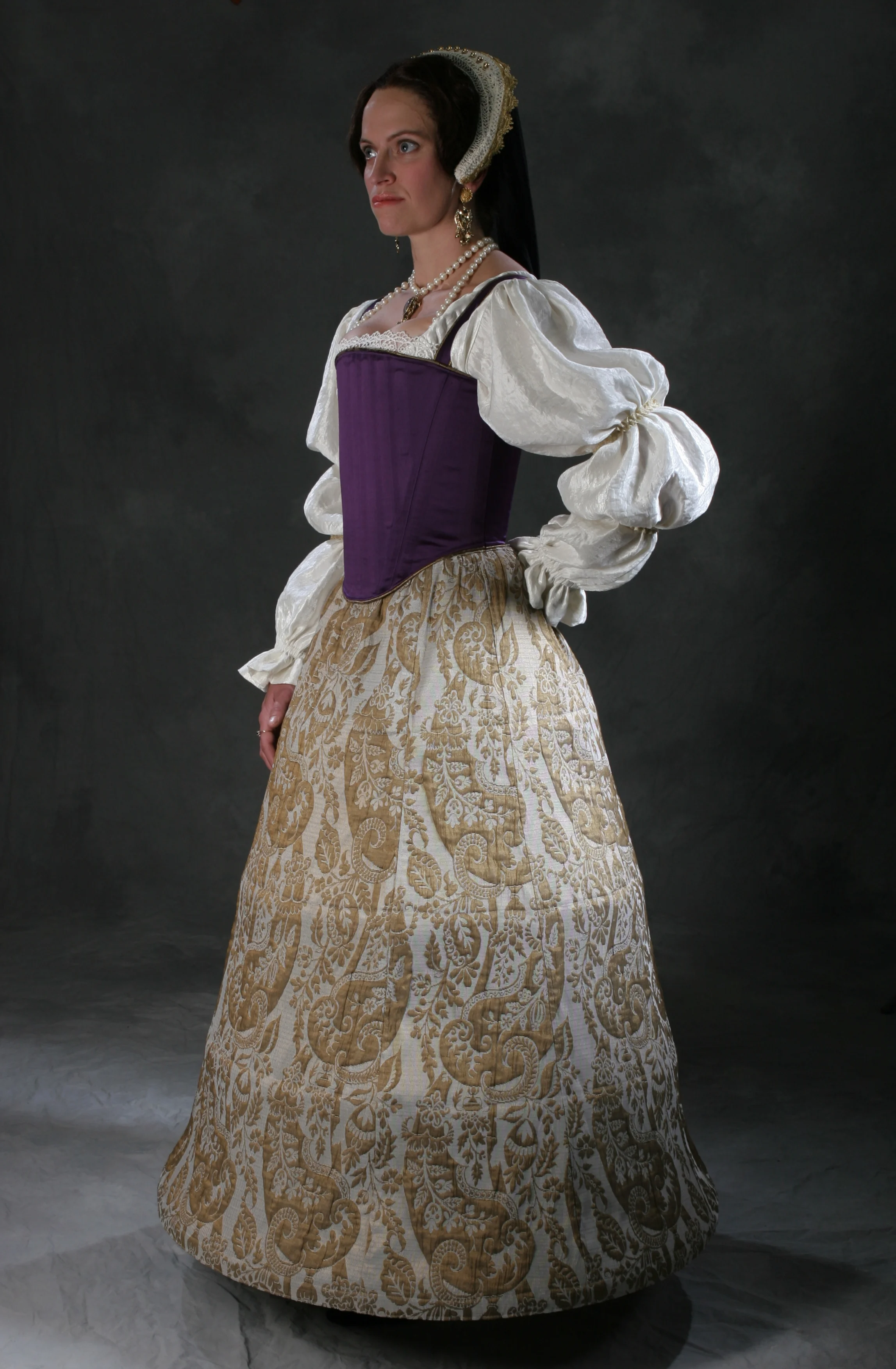  Underwear transforms into outerwear when constructed in fashion fabrics.  c. 1560 Anna stays, Cone Farthingale and Romantic Chemise in custom fabrics. 
