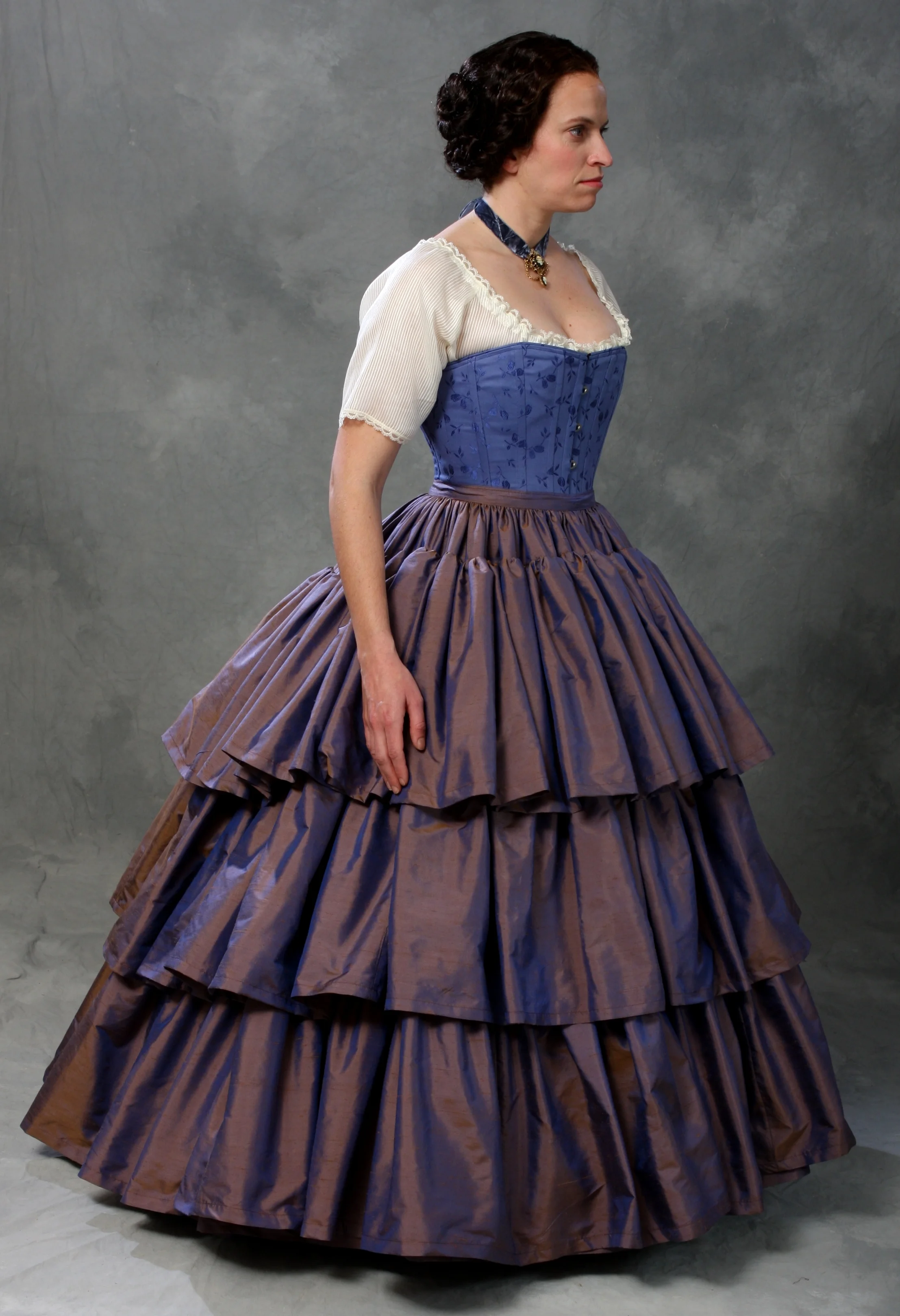  Bespoke 3 Ruffle Petticoat, c. 1860 Julia corset and Short Sleeved Chemise in custom fabrics.  
