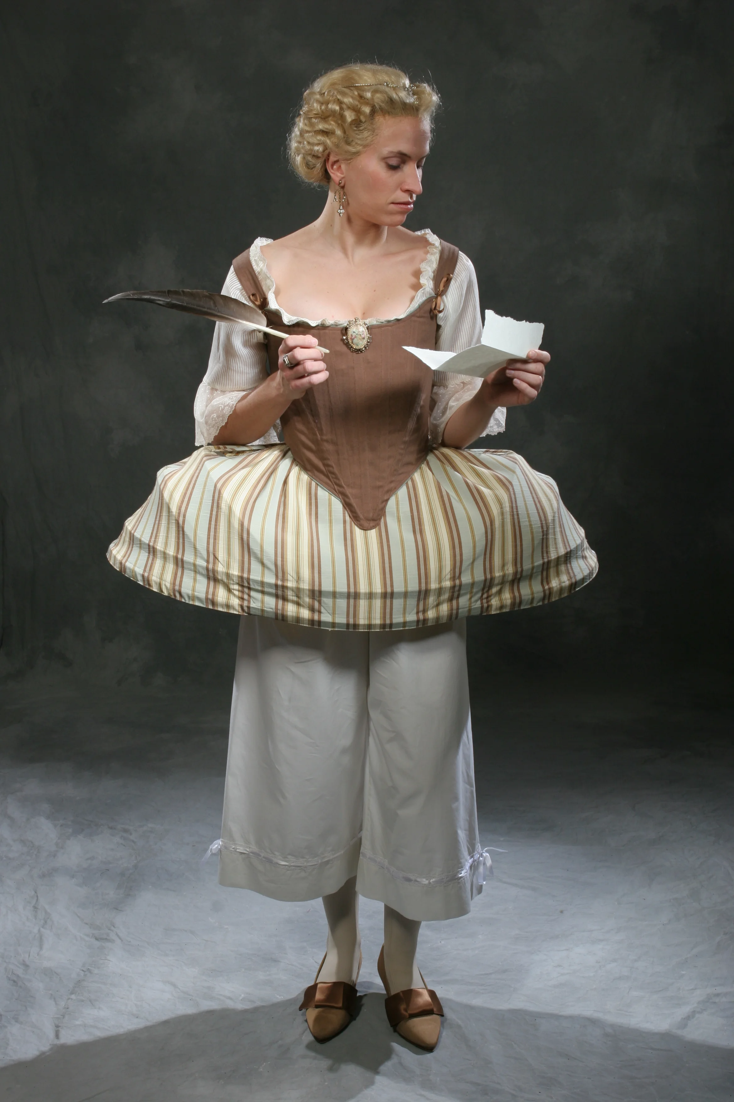  flatline c. 1770 Judith stays worn with full pannier, 3/4 sleeve chemise and bloomers 