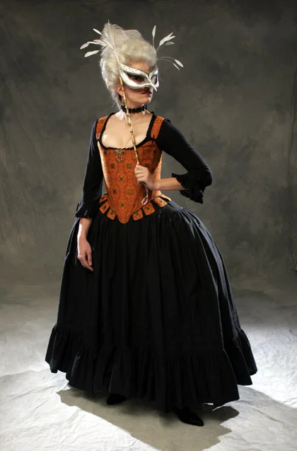  Flatlined c.1770 Judith stays with tabs with a black 18th c. petticoat in bespoke materials 