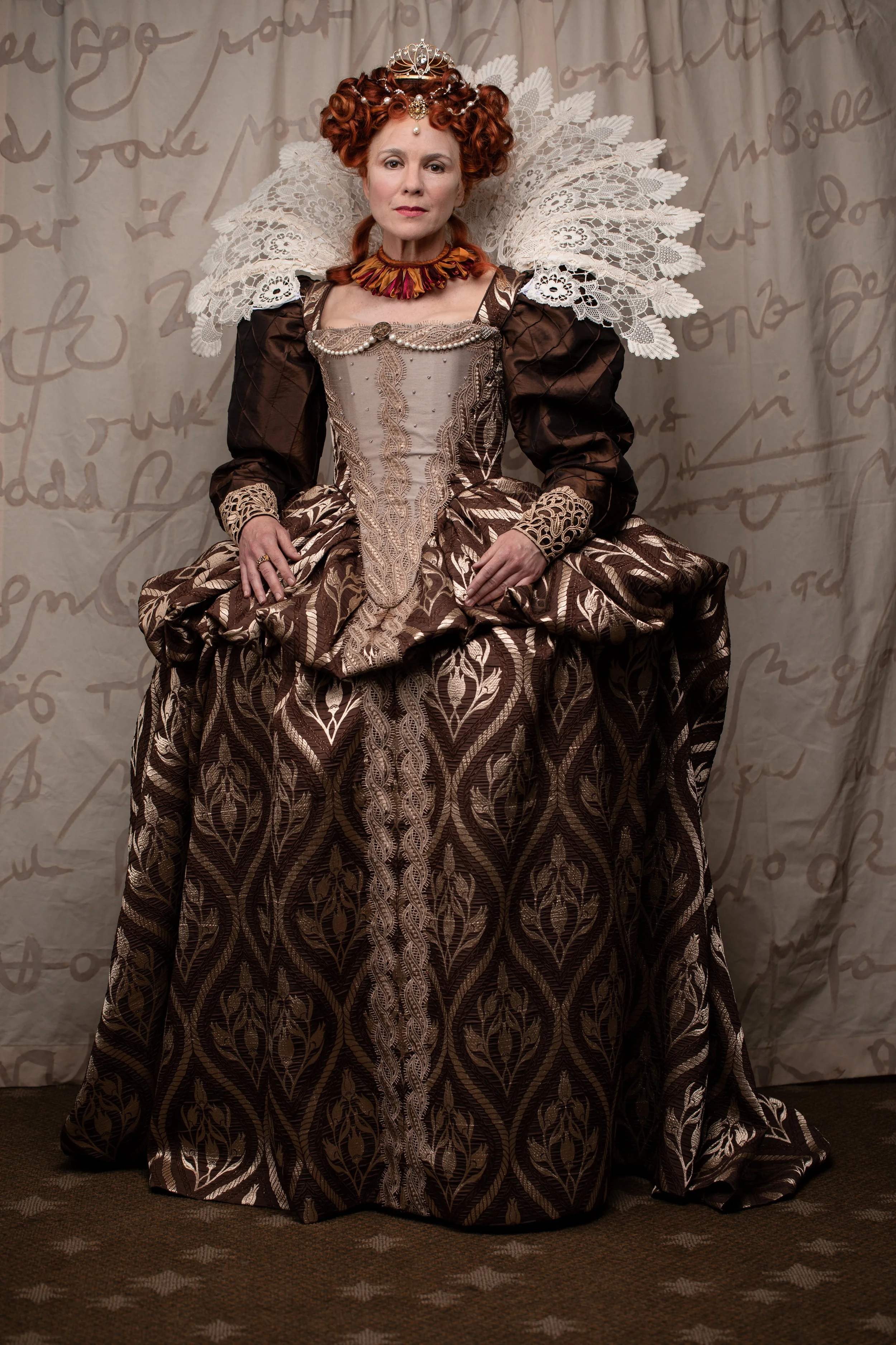 Queen Elizabeth I- full bespoke ensemble photo courtesy of Seattle Shakespeare Co.