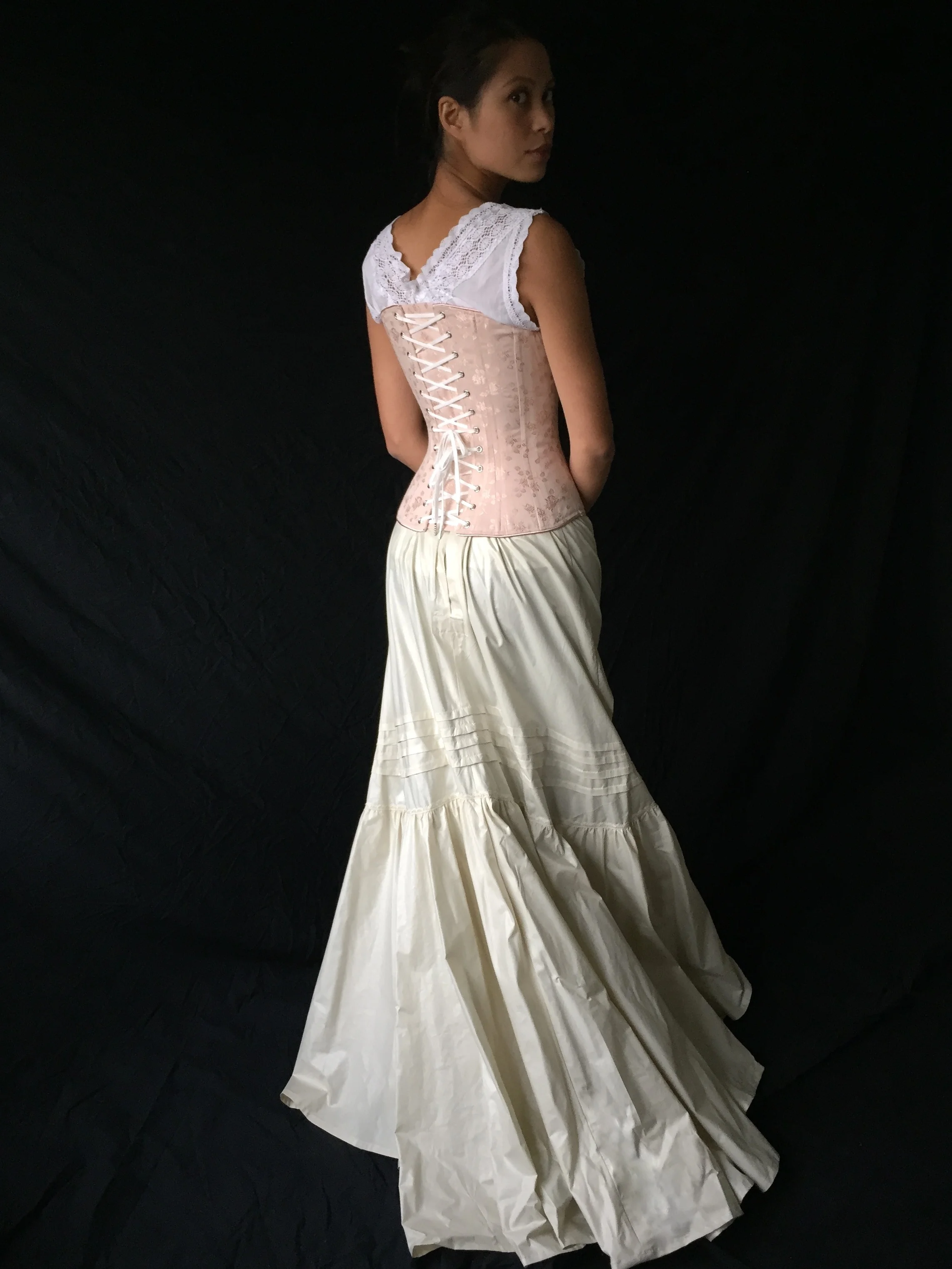  c. 1880 Alice worn with our late 19th c. Petticoat and V-Neck Chemise 