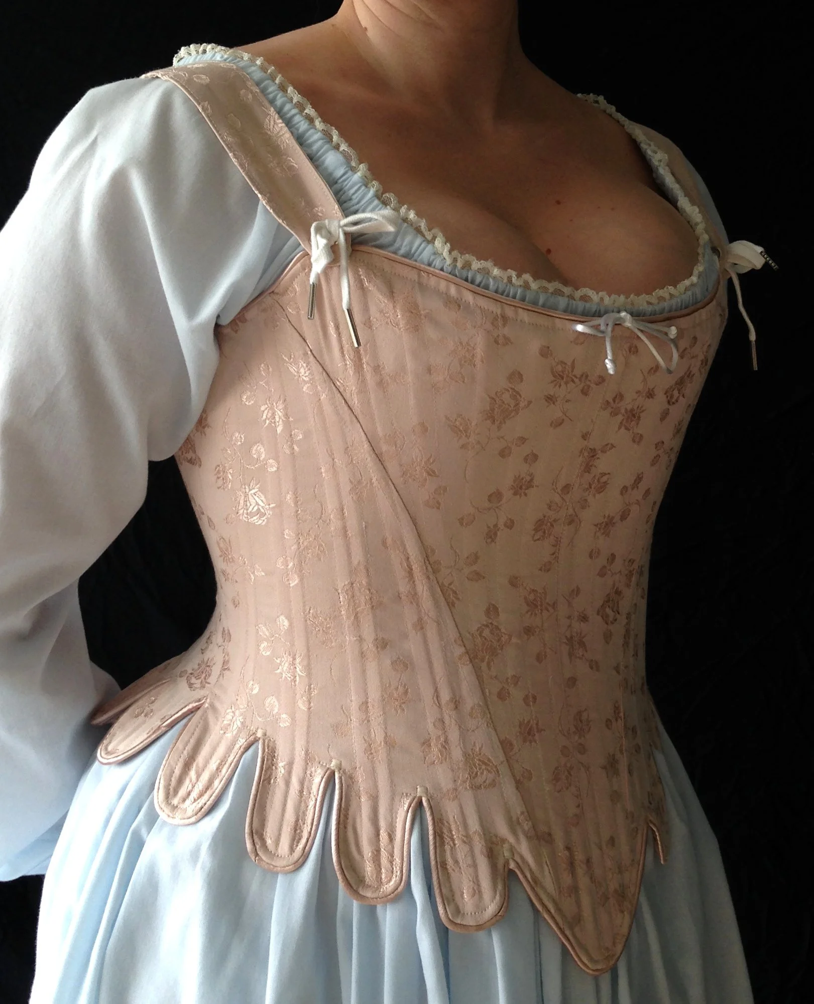 Period Corsets Marie Antoinette pink brocade.JPG