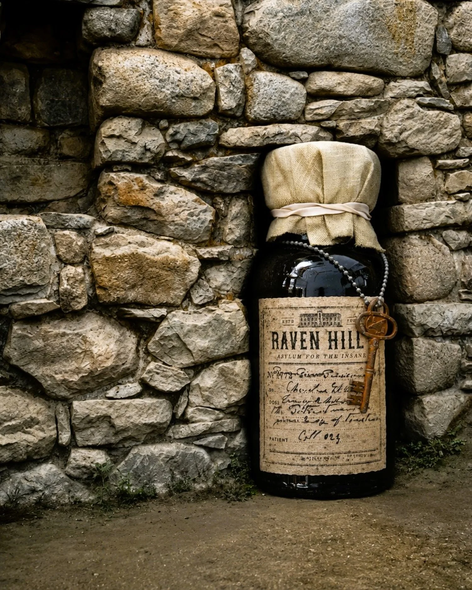 Gin-Tasting, Raven Hills, Ginflasche in einer Mauernisch stehend
