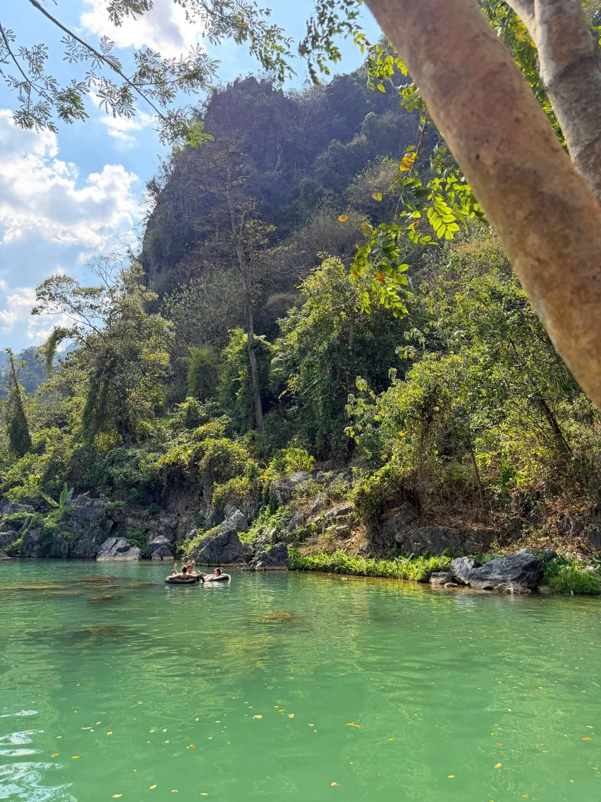 Laos - Rundreise auf eigene Faust - Grün leuchtendes Wasserbecken vor Karstberg bei Vang Vieng